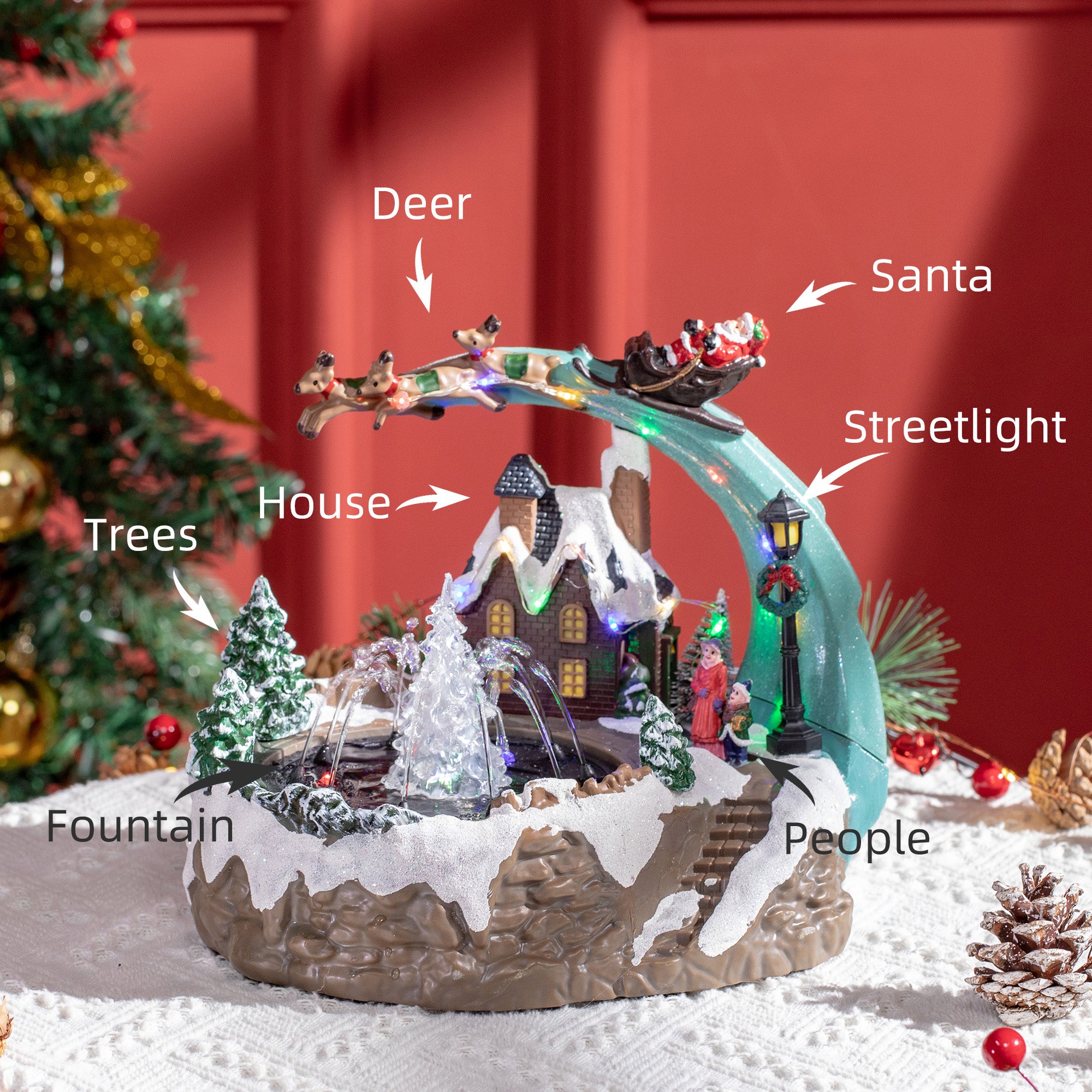 Fountain Christmas Village, Santa and Deer Animated Winter Wonderland Set with Multicoloured LED Light, Plug-In Christmas Decoration