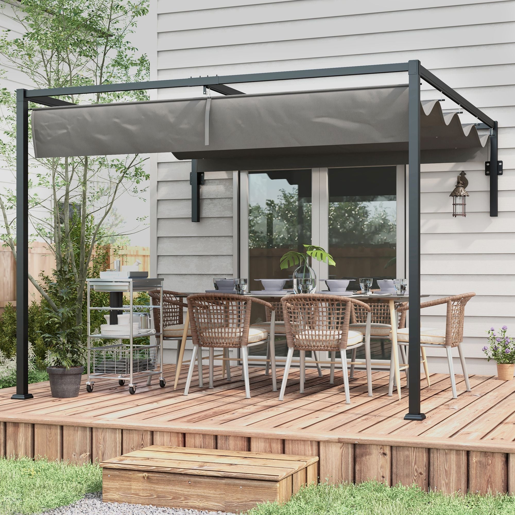 3 x 4m Lean To Pergola, Metal Pergola with Retractable Roof for Grill, Garden, Patio, Deck