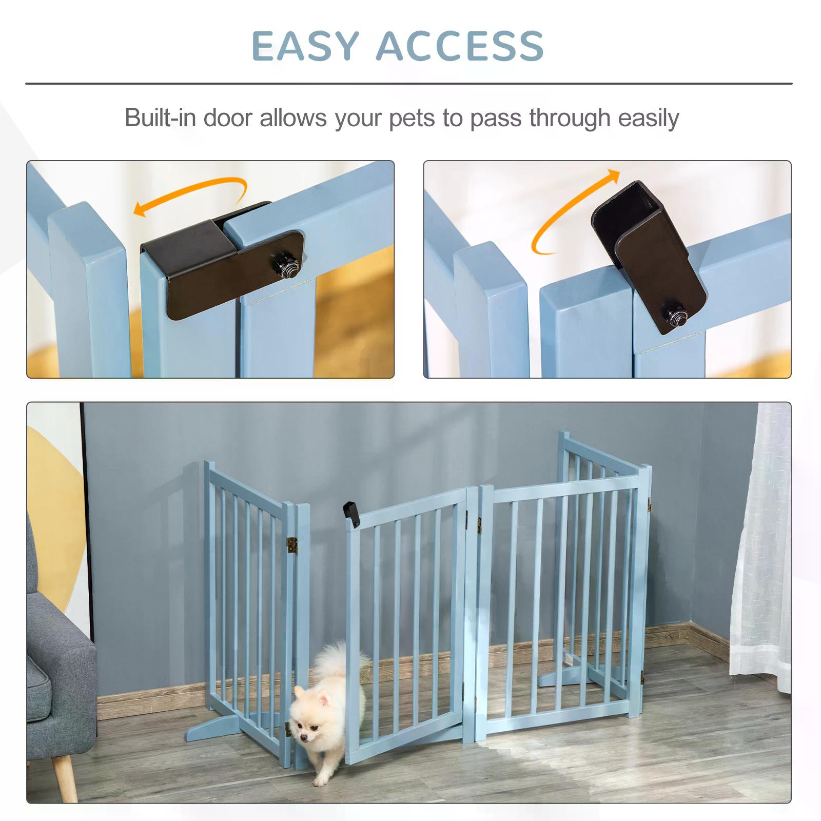 Pet Gate for Small and Medium Dogs, Freestanding Wooden Foldable Dog Safety Barrier with 4 Panels, 2 Support Feet for Doorways, Stairs, Blue