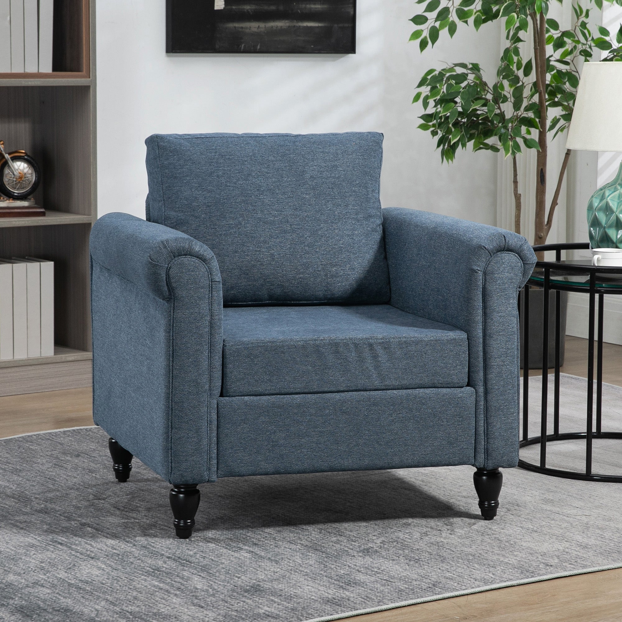 Vintage Accent Chair, Tufted Upholstered Lounge Armchair Single Sofa Chair with Rubber Wood Legs, Rolled Arms, Dark Blue