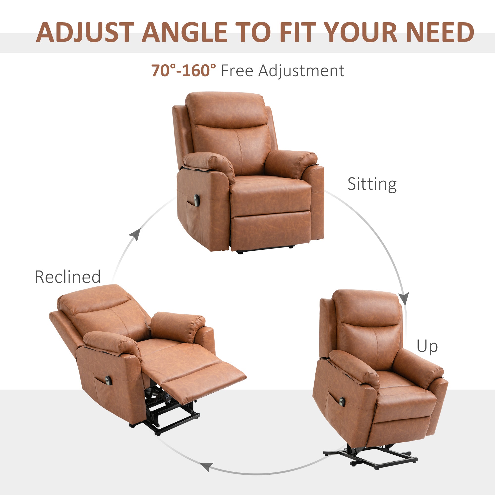 Power Lift Chair Electric Riser Recliner for Elderly, Faux Leather Sofa Lounge Armchair with Remote Control and Side Pocket, Brown