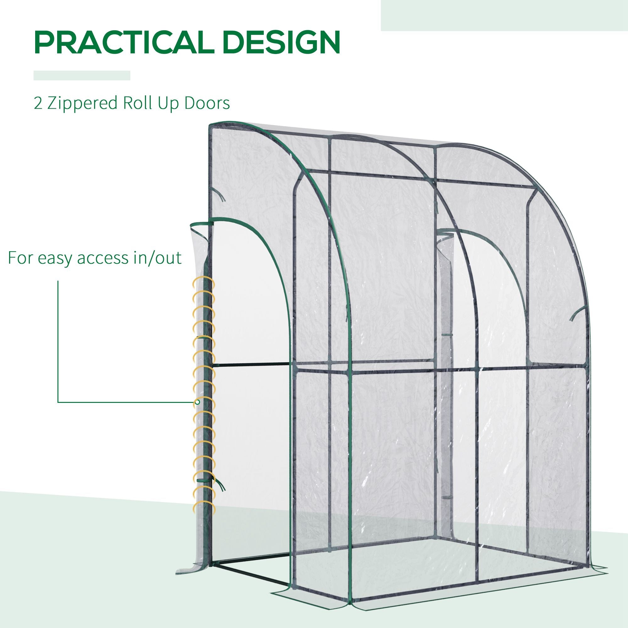 Walk-In Greenhouse Lean to Wall Tunnel Greenhouse with Zippered Roll Up Door PVC Cover Sloping Top, 143 x 118 x 212 cm