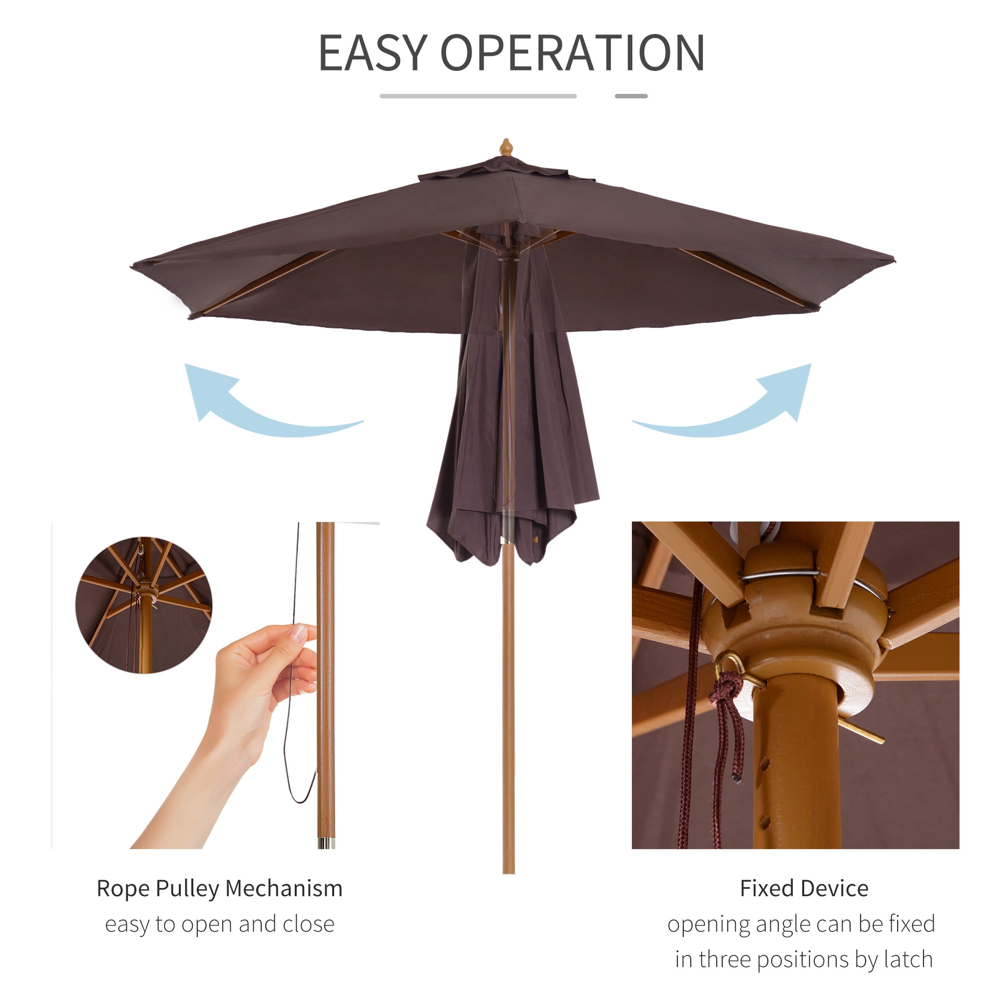 2.5m Wood Wooden Garden Parasol Sun Shade Patio Outdoor Umbrella Canopy New(Coffee)