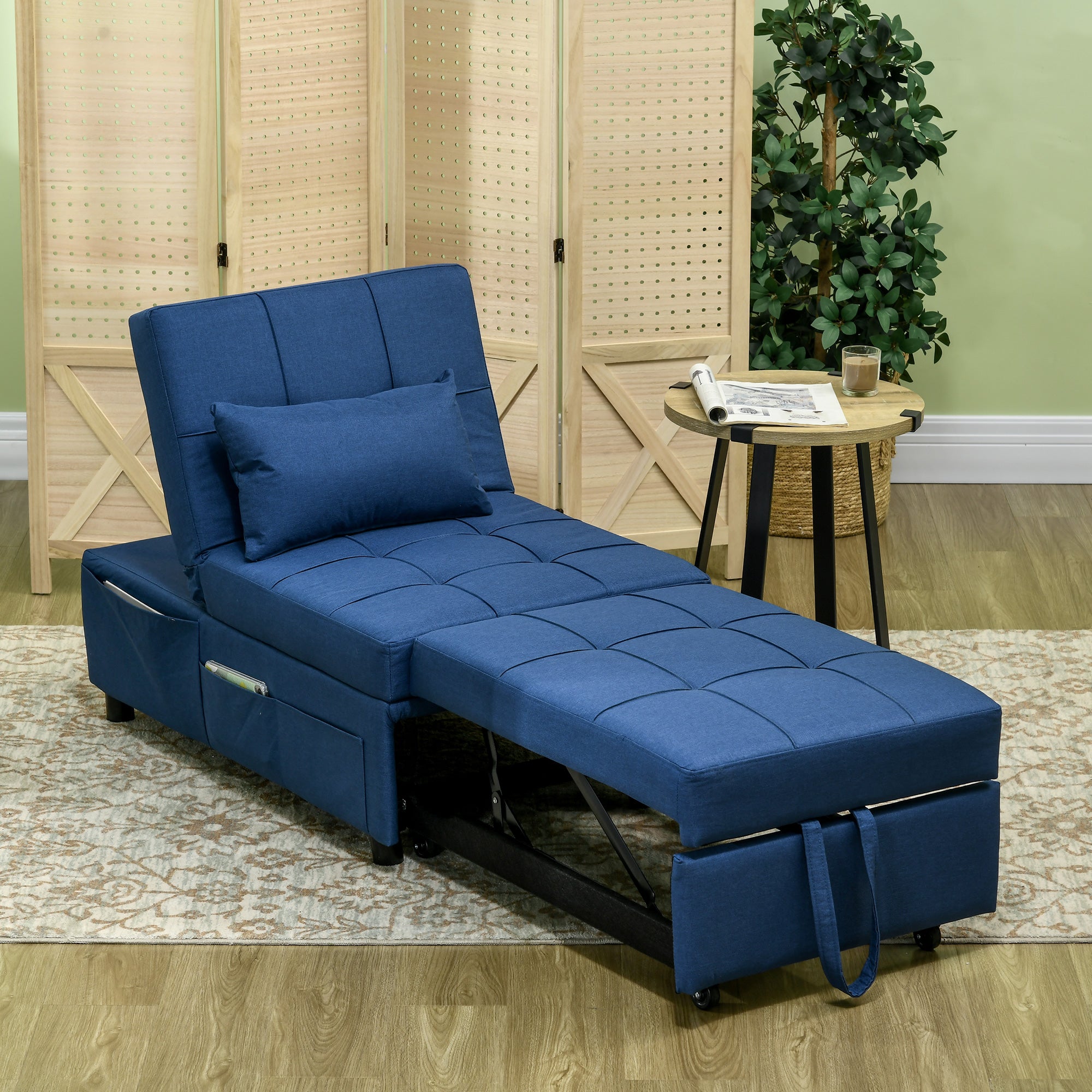 Convertible Chair Bed w/ Padding Seat, 3-in-1 Multi-Functional Sleeper Chair Bed, Recliner w/ Adjustable Backrest, Wheels and Pillow, Blue