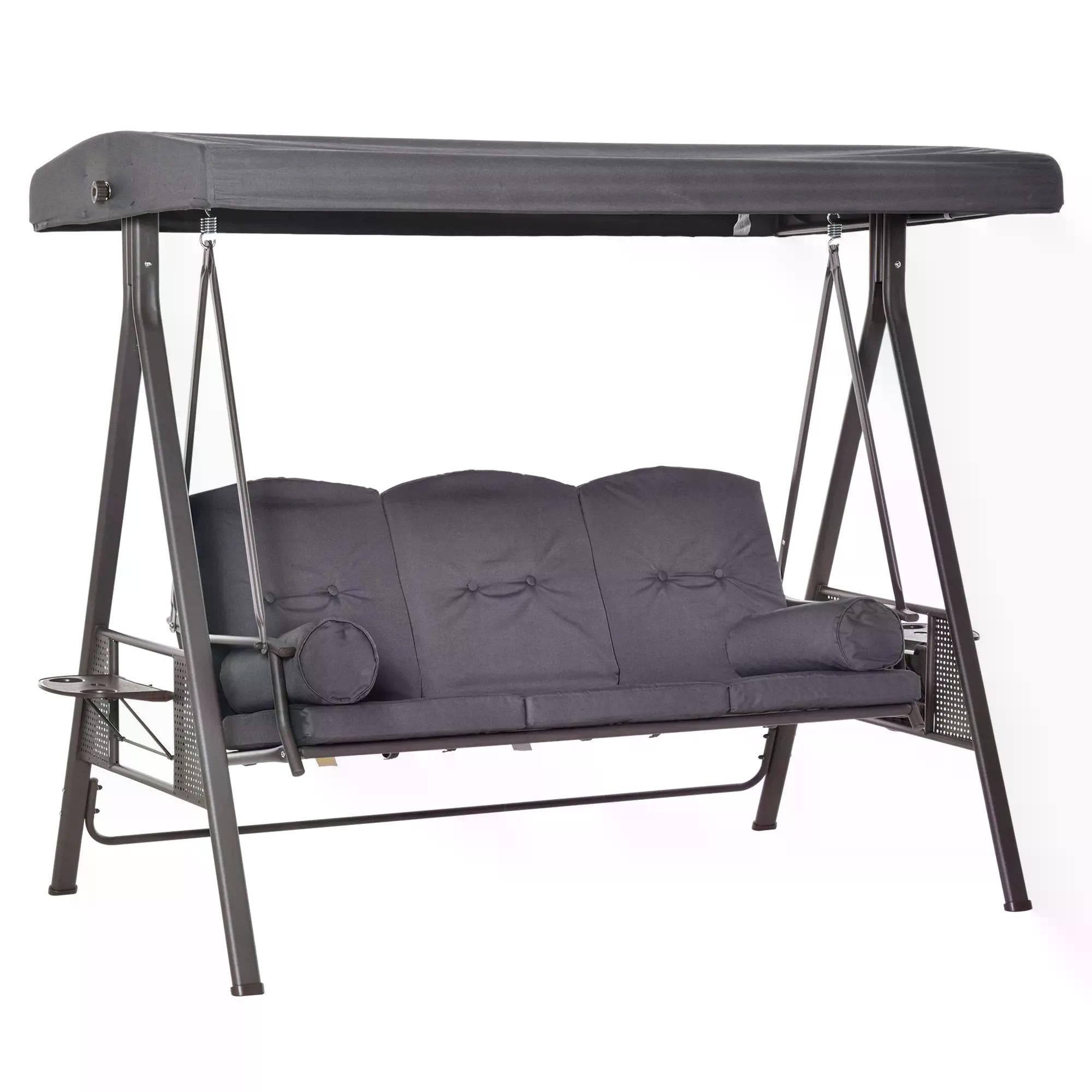 3 Seater Garden Swing Chair Outdoor Hammock Bench w/ Adjustable Canopy, Cushions and Cup Trays, Steel Frame, Dark Grey