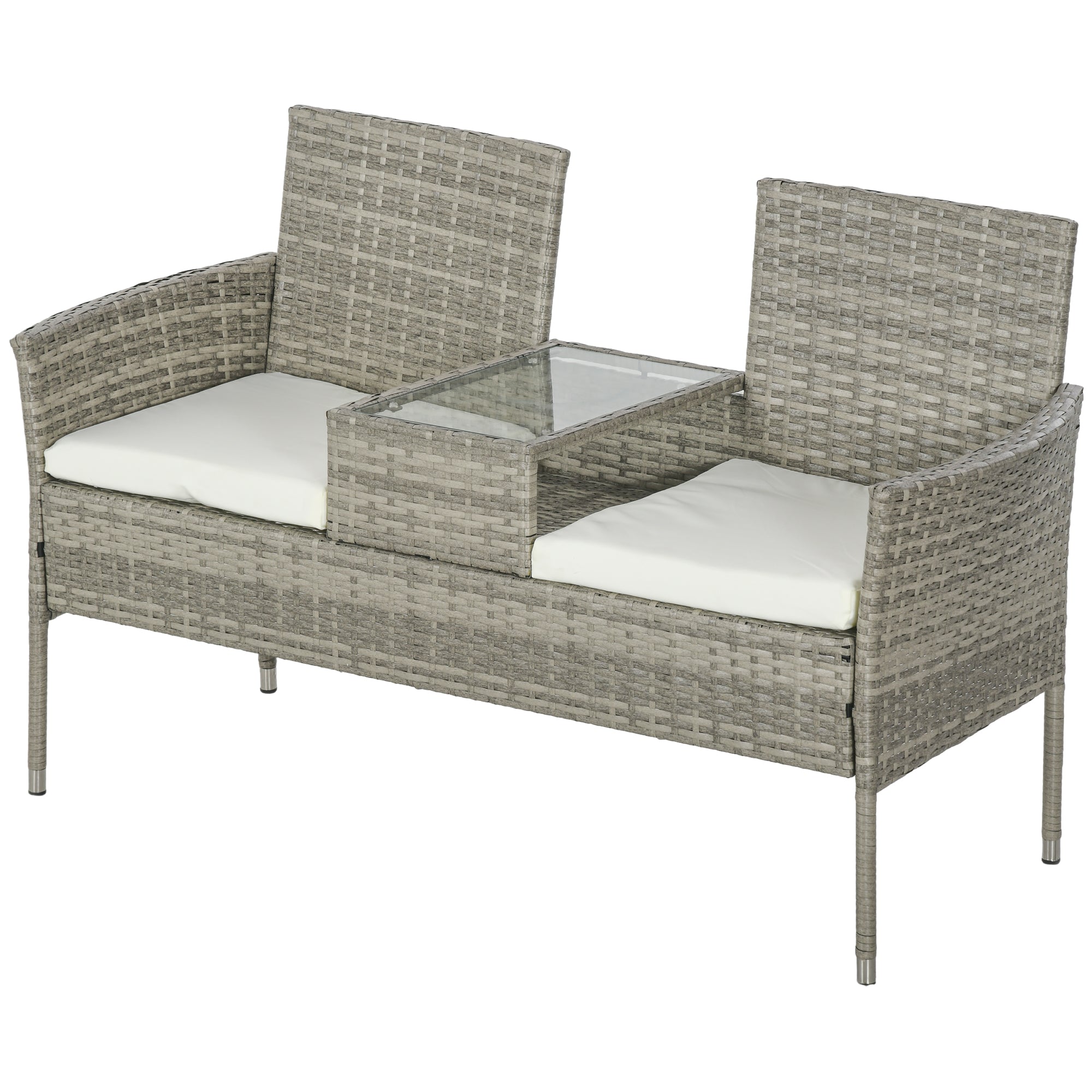 2 Piece Rattan Garden Loveseat Set with Glass Table - Grey