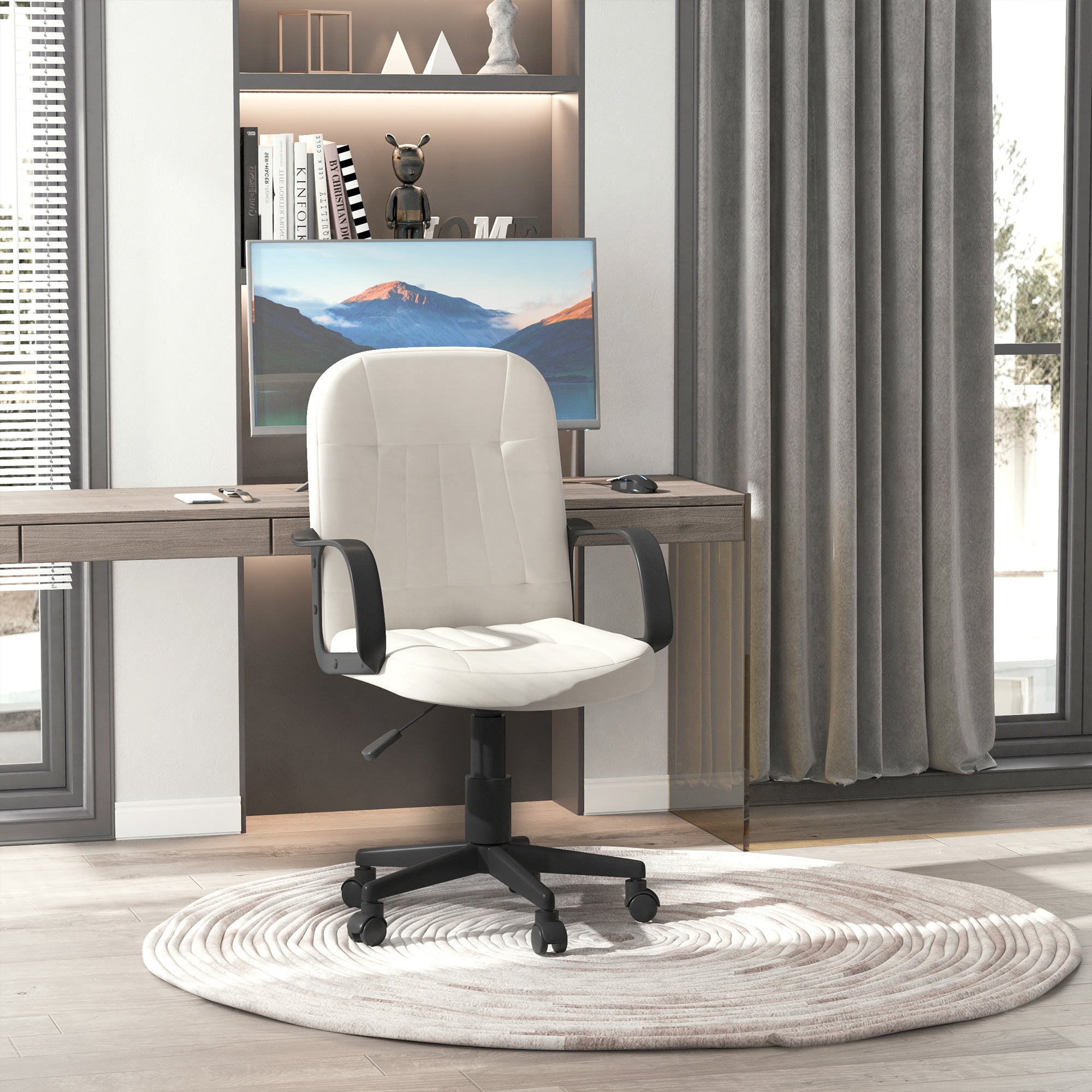 Swivel Executive Office Chair Home Office Mid Back PU Leather Computer Desk Chair for Adults with Arm, Wheels, Cream