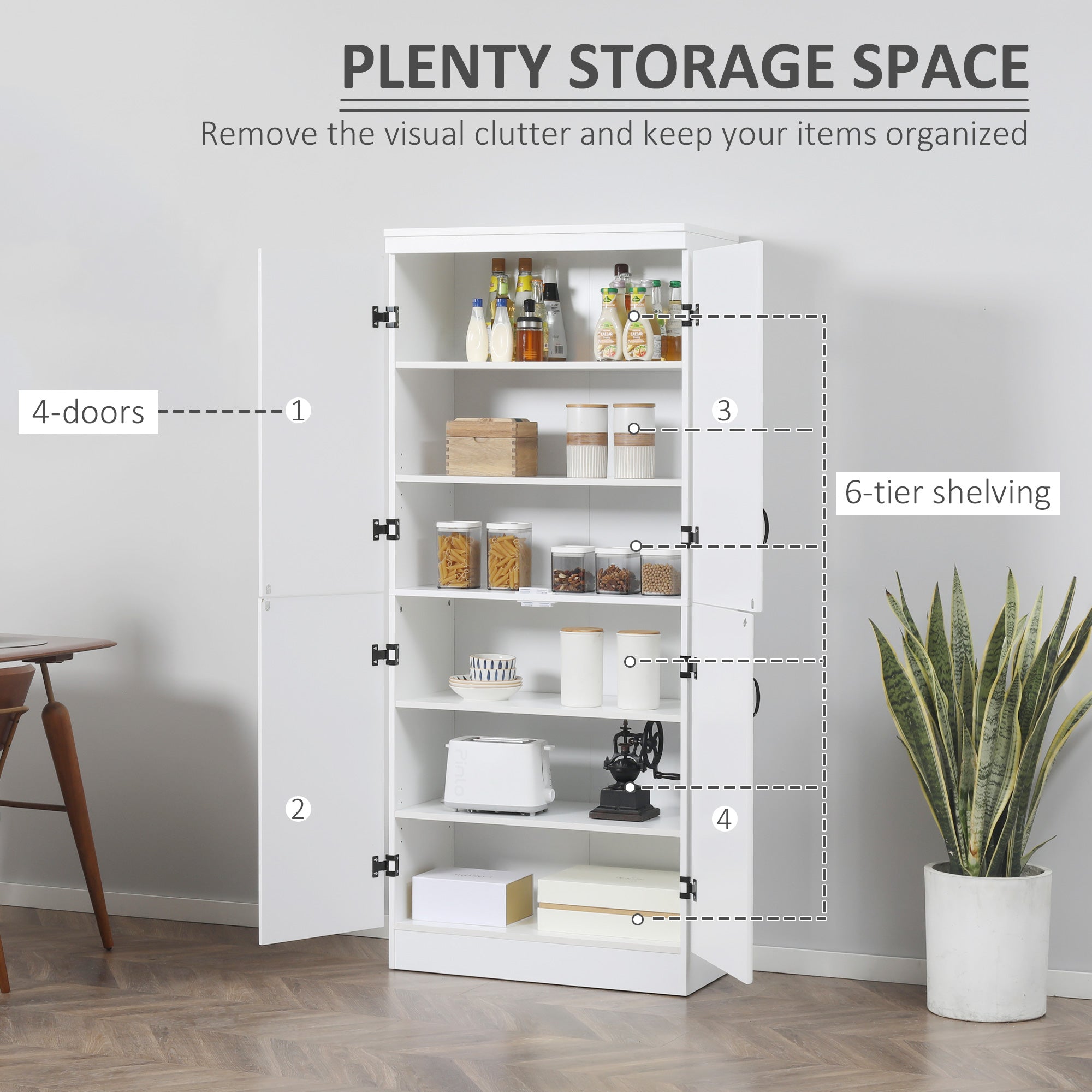 4-Door Tall Kitchen Cupboard, Freestanding 6-Tier Storage Cabinet with 2 Adjustable Shelves for Living Room, Dining Room, White