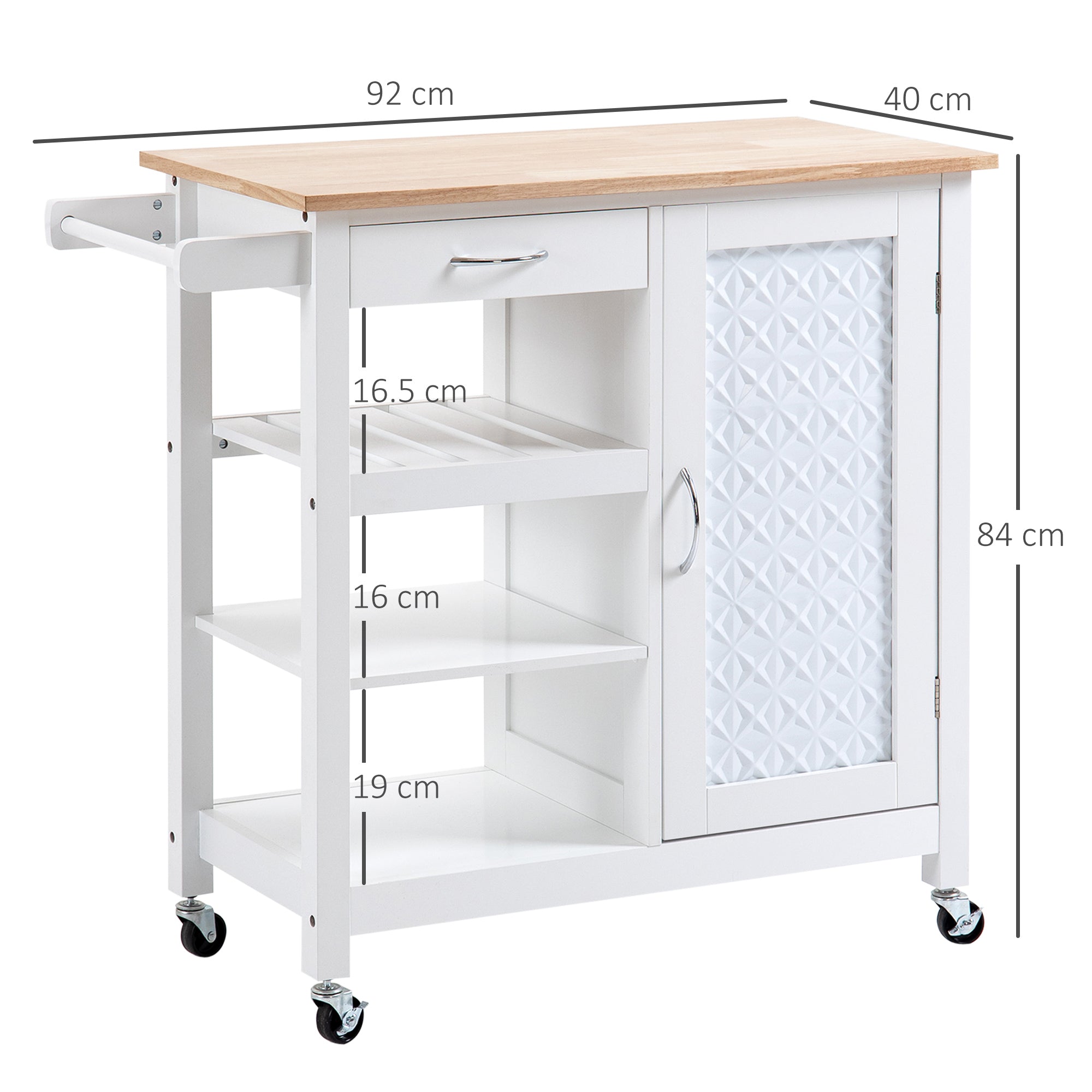 Kitchen Cart on Wheels with Embossed Door Panel, Utility Kitchen Island with Storage Drawer, White