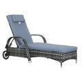 Garden Rattan Sun Lounger Reclining Chair with Adjustable Headrest and Wheels - Grey