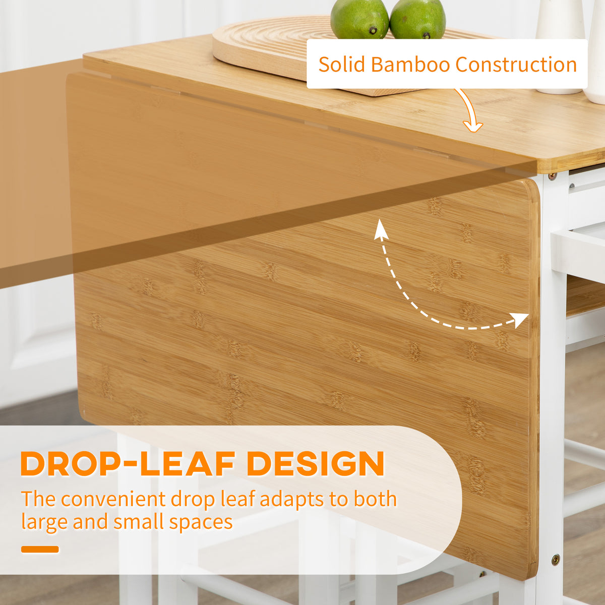 Kitchen Island Set with 2 Bamboo Stools, Drop Leaf Cart with Drawers & Towel Rack - White