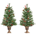 2-Piece 3ft Artificial Christmas Tree Set with Pine Cones, Red Berries & Gold Pots - Green