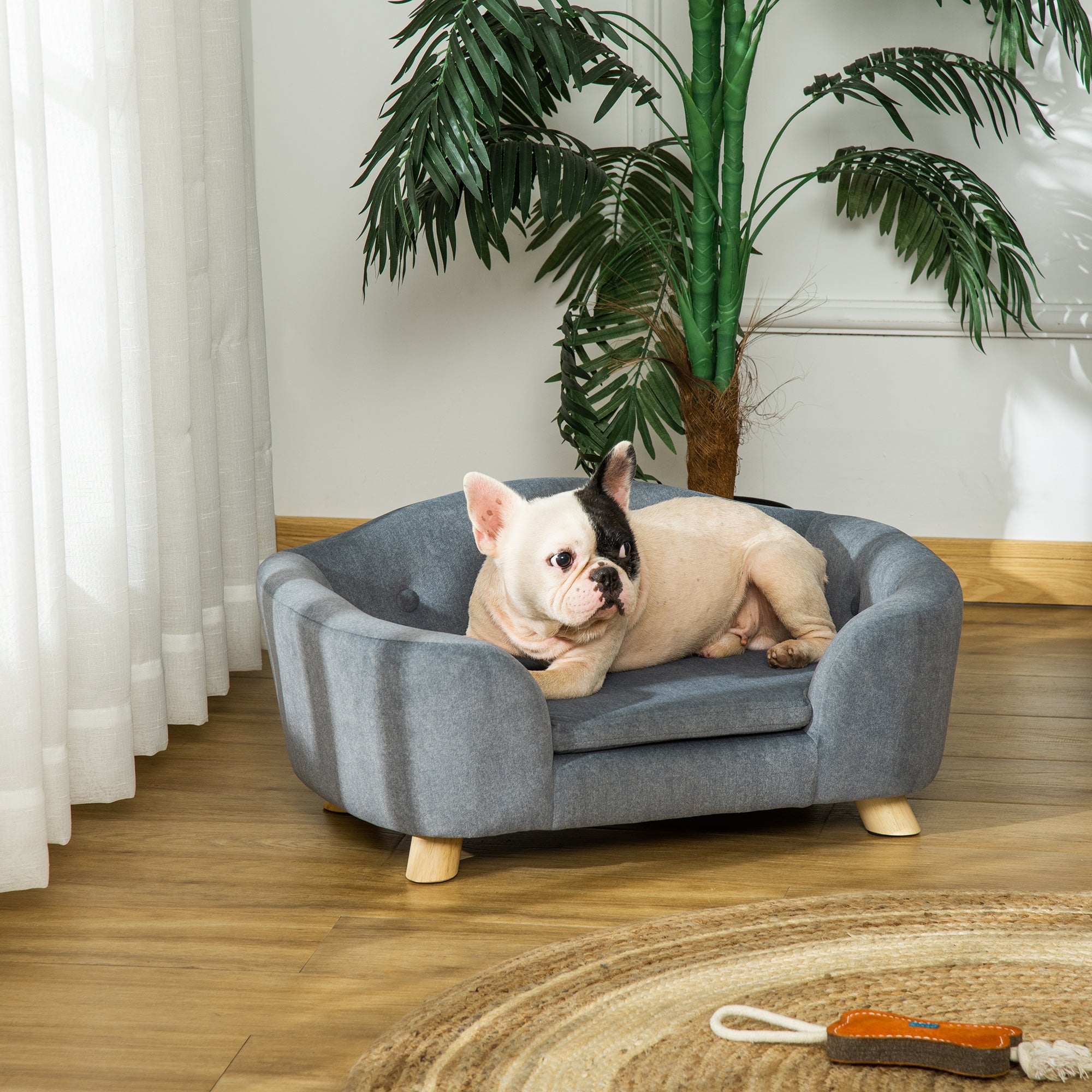 Pet Sofa, Dog Bed Couch, Puppy Kitten Lounge, with Wooden Frame, Short Plush Cover, Washable Cushion, for Small Dog, 70 x 47 x 30 cm, Grey