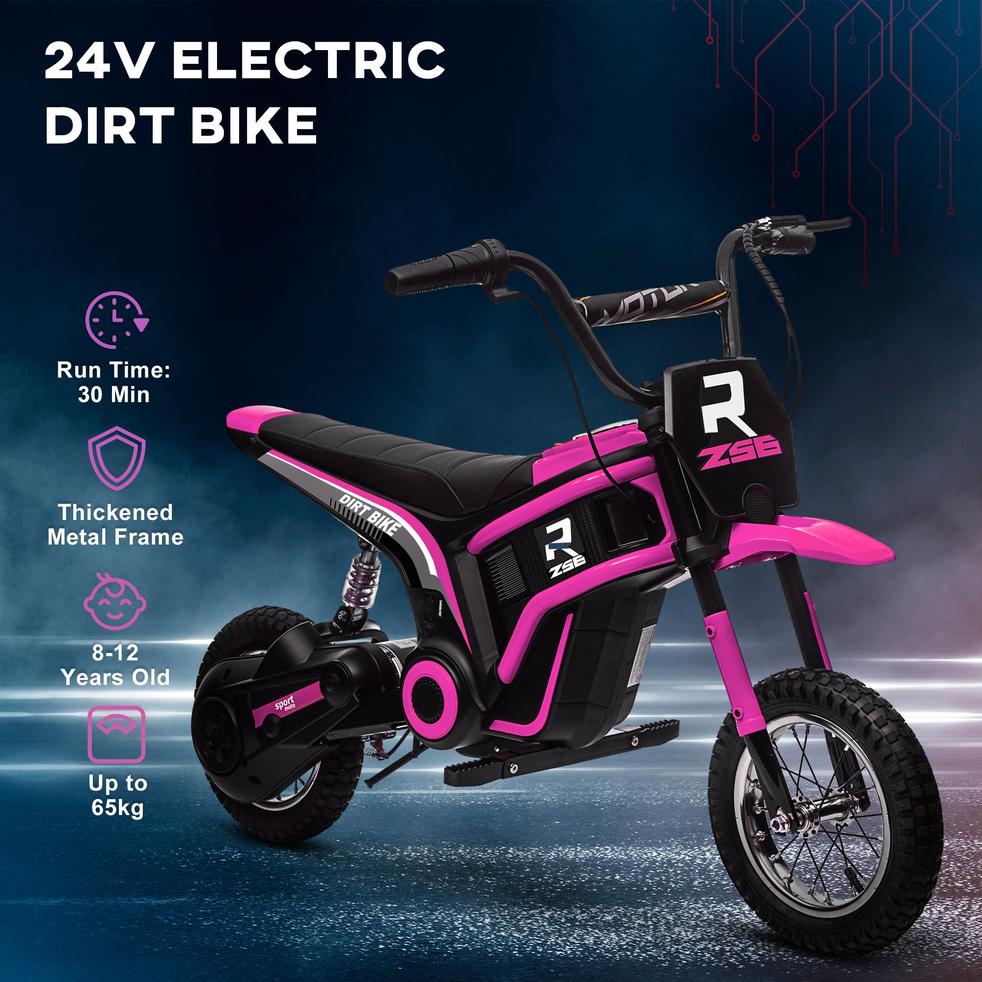 24V Electric Motorbike, Dirt Bike with Twist Grip Throttle, Music Horn, 12" Pneumatic Tyres, 16 Km/h Max. Speed, Pink