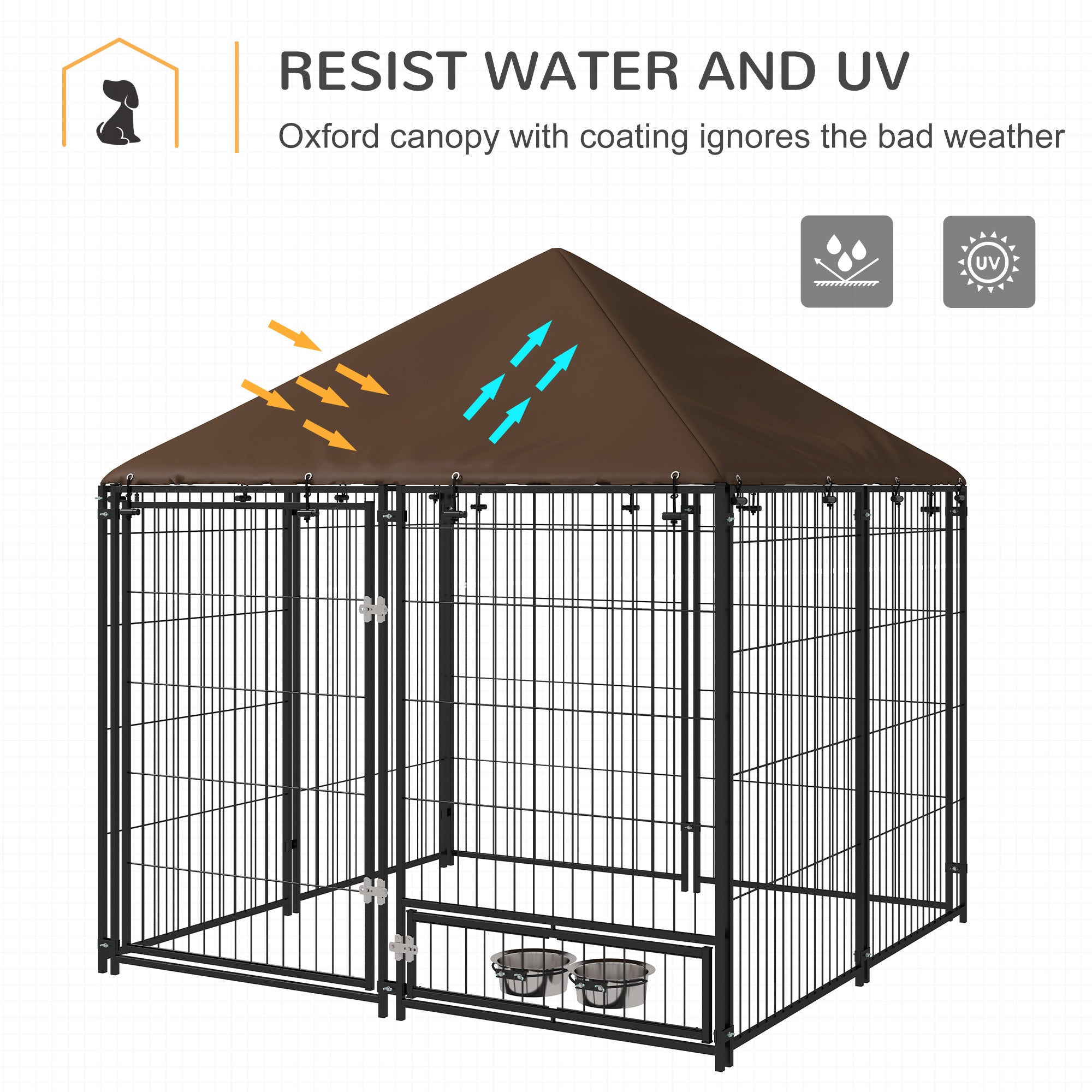 Outdoor Dog House Kennel with Water-resistant Roof Lockable Mesh Metal Cage Steel Fence, 141 x 141 x 121 cm