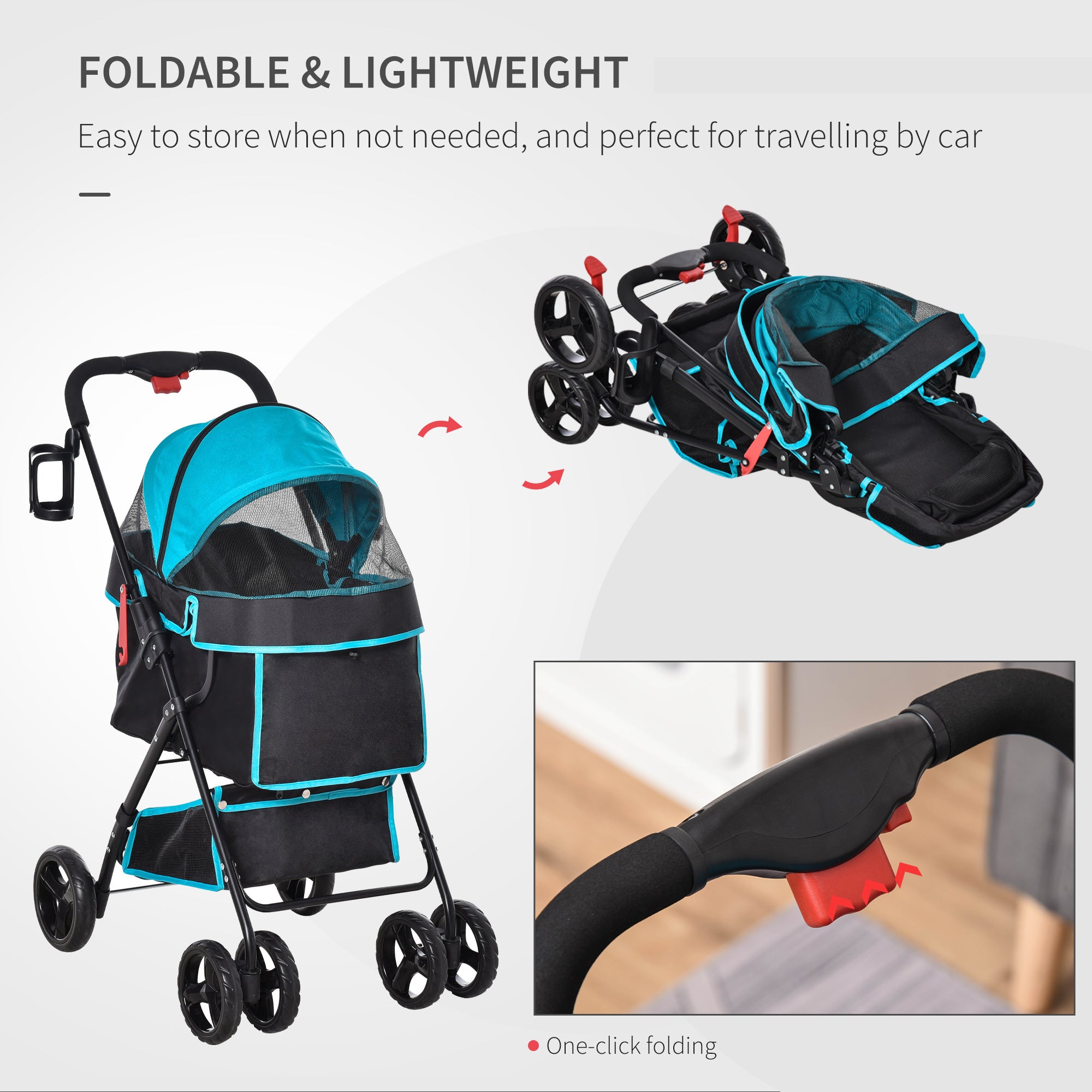 Pet Stroller Pushchair Travel One-Click Fold Trolley with EVA Wheels Brake Removable Cloth Basket Bottle Holder Adjustable Canopy Safety Leash