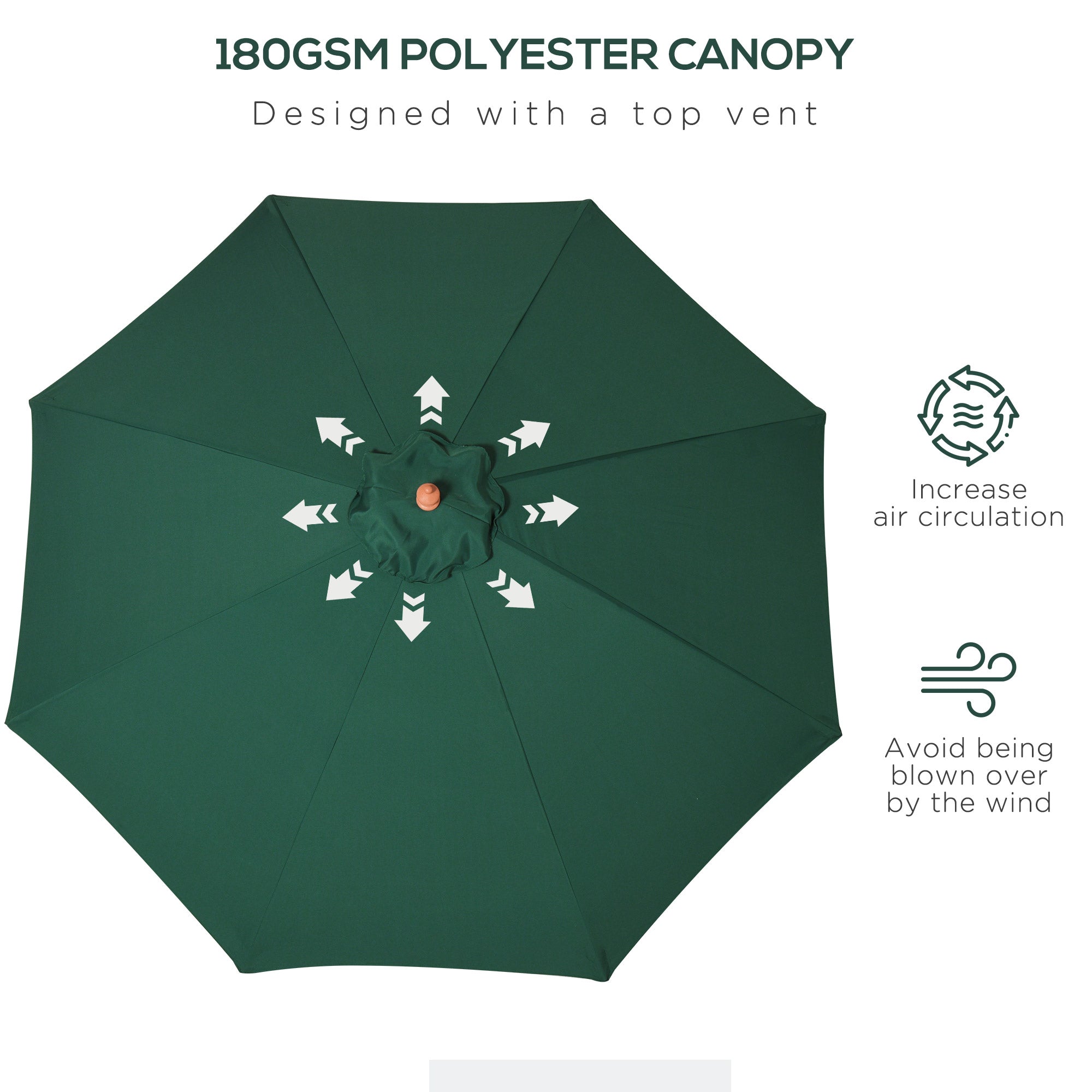 2.5m Wood Garden Parasol Sun Shade Patio Outdoor Market Umbrella Canopy with Top Vent, Dark Green