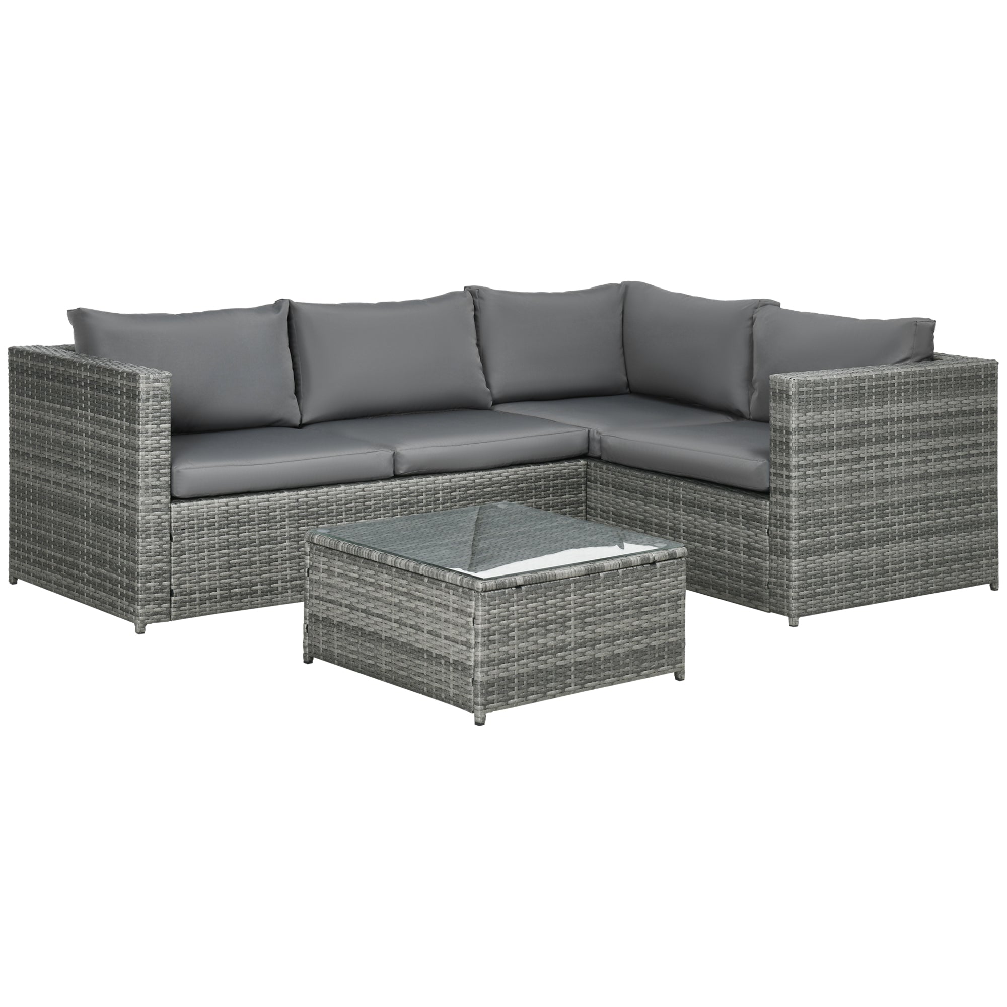 4-Seater Rattan Garden Furniture Outdoor Patio Corner Sofa Chair Set with Coffee Table Thick Cushions, Grey