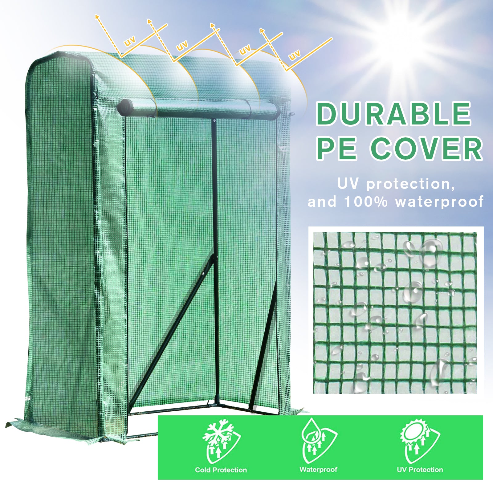 Outdoor PE Greenhouse Steel Frame Plant Cover with Zipper 100L x 50W x 150HCM - Green