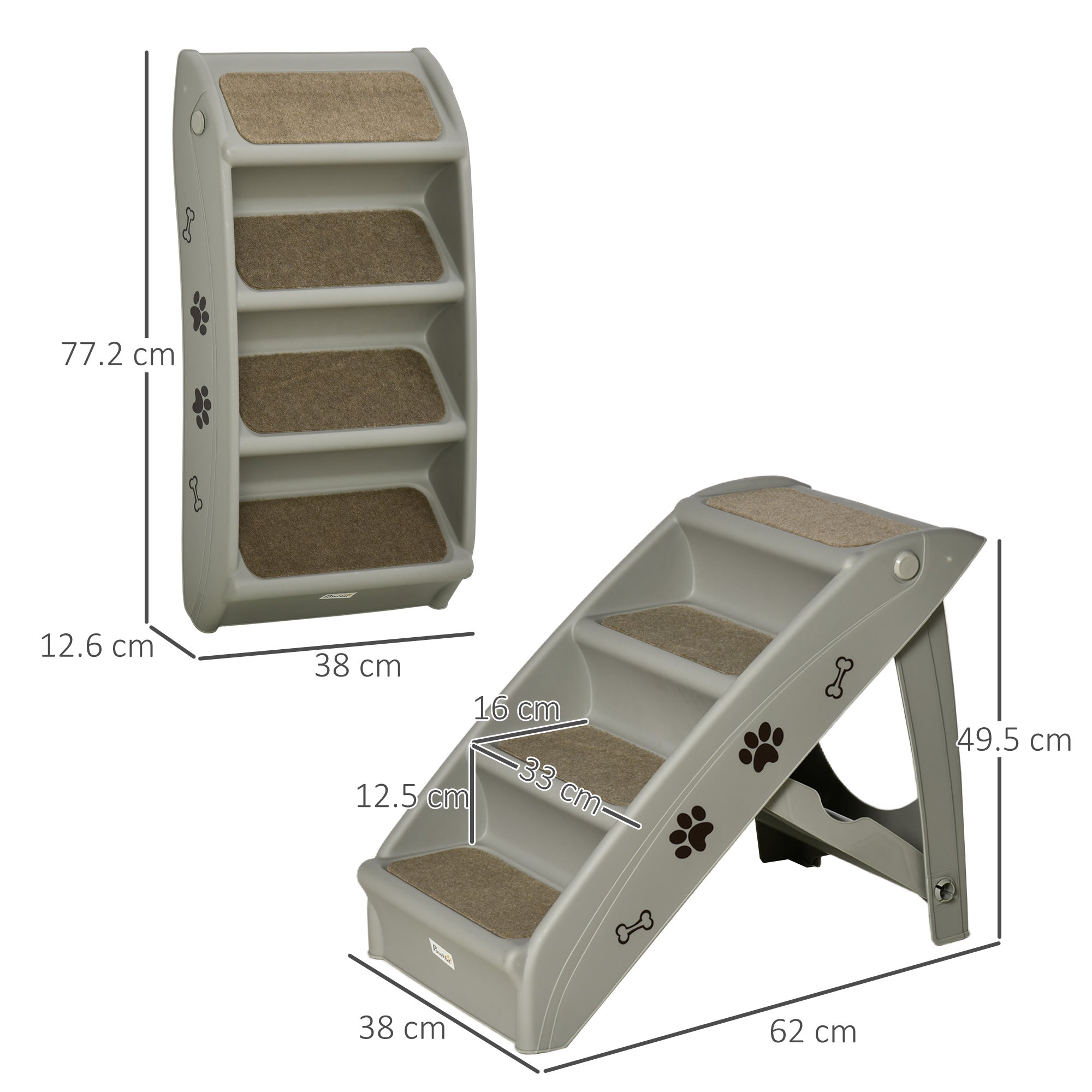 Foldable Pet Stairs, 4-Step for Cats Small Dogs with Non-slip Mats, 62 x 38 x 49.5 cm, Grey