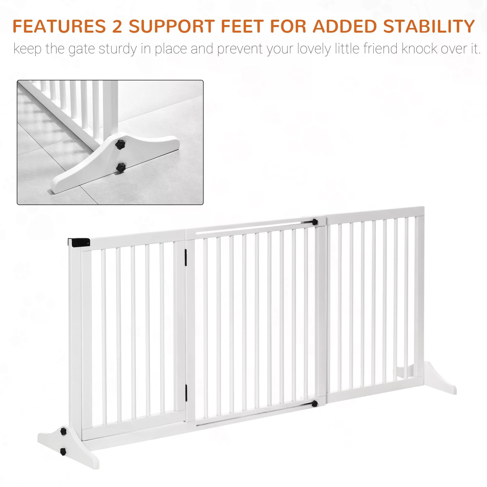 Adjustable Wooden Pet Gate Freestanding Dog Barrier Fence Doorway 3 Panels Safety Gate w/ Lockable Door White 71H x 113-166W cm