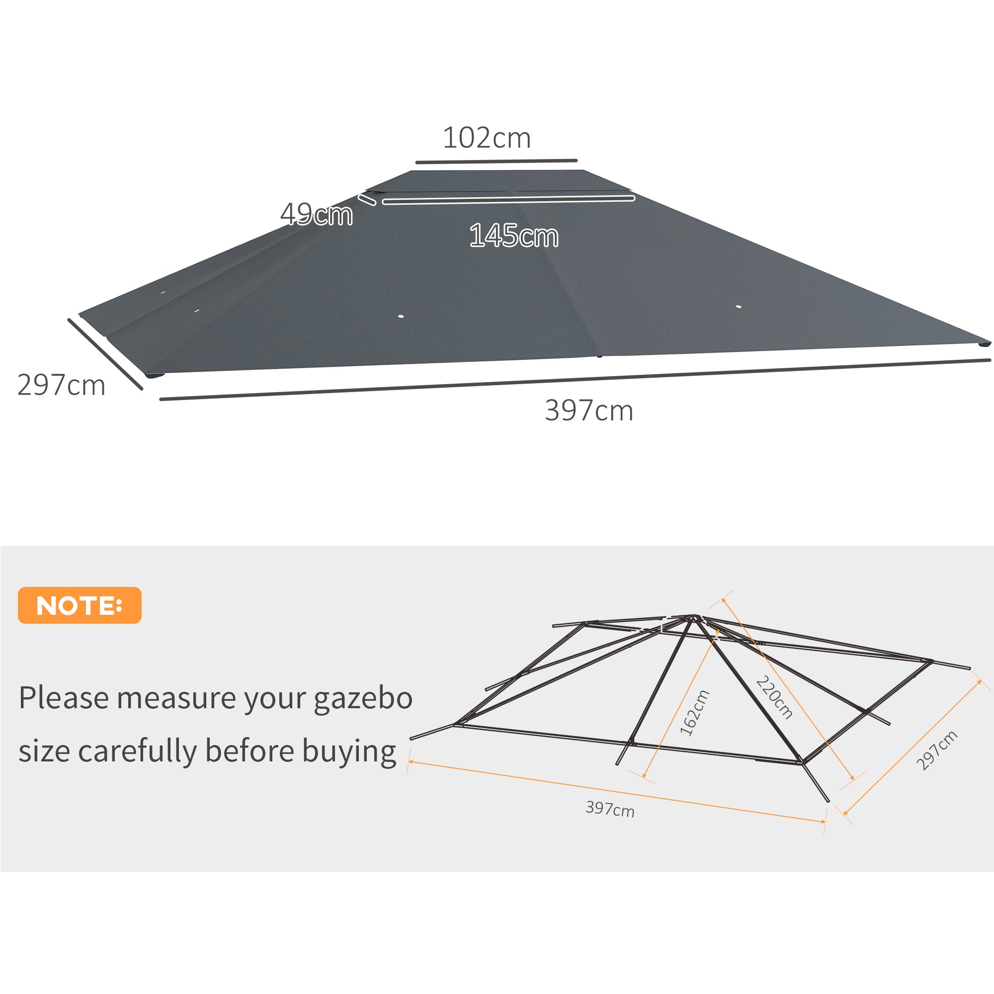 3 x 4m Gazebo Canopy Replacement Cover, Gazebo Roof Replacement (TOP COVER ONLY), Dark Grey