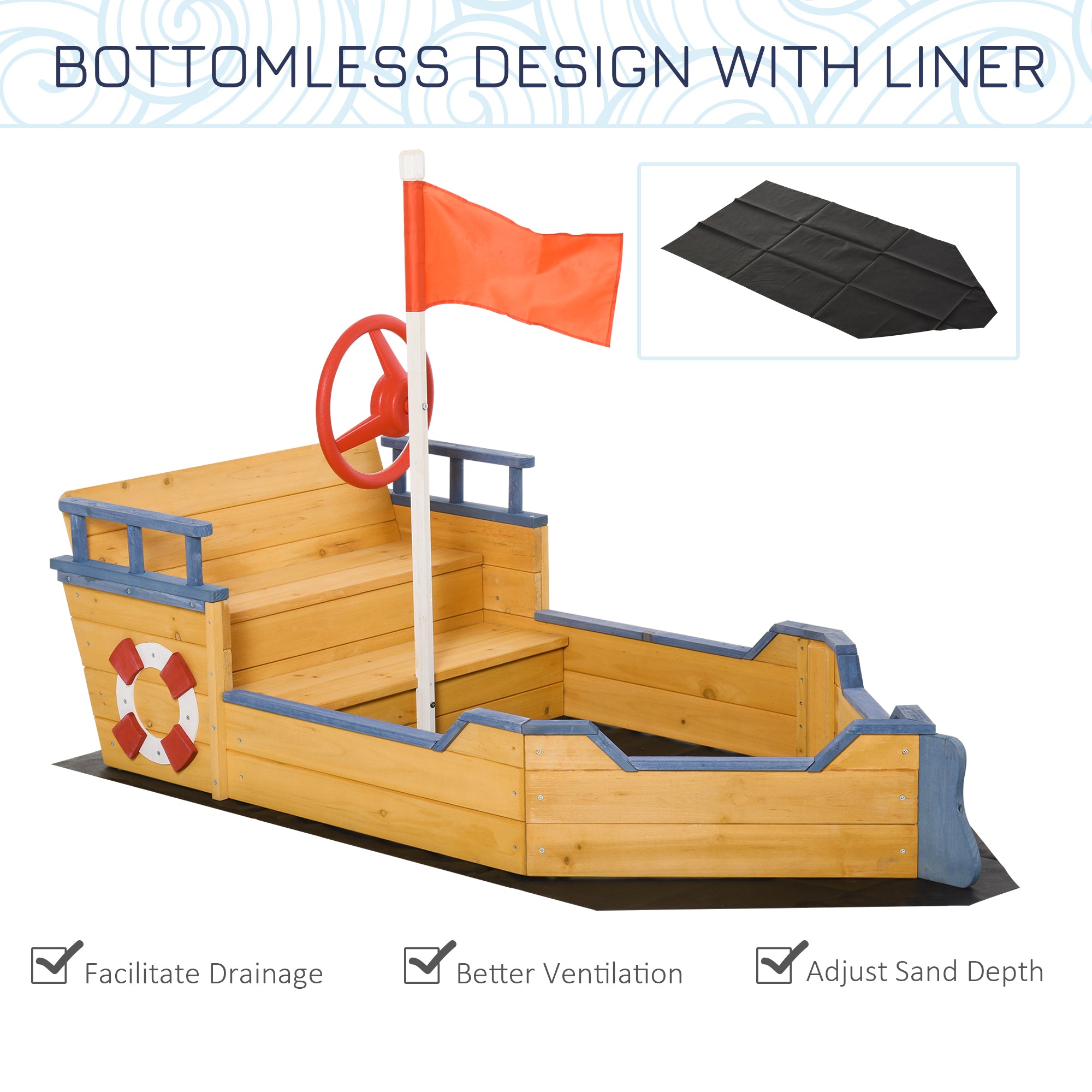 Kids Wooden Sandpit Children Sandbox Pirate Ship Sandboat Outdoor Backyard Playset Play Station w/ Bench Bottom Liner