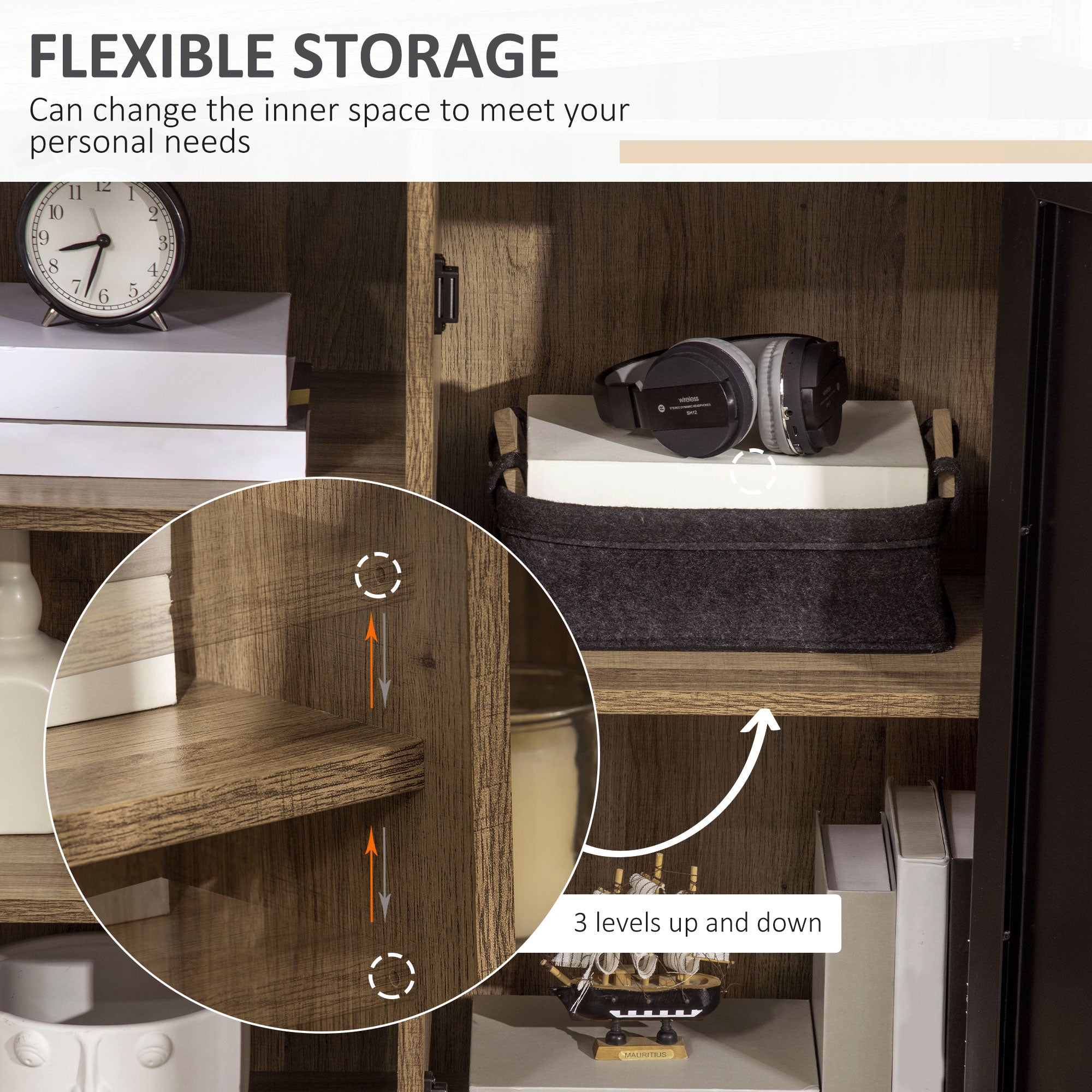 Cupboard Storage Cabinet with 3 Tiers and Steel Door, Home Organizer Sideboard with Adjustable Shelf for Dining Room, Living Room, Kitchen