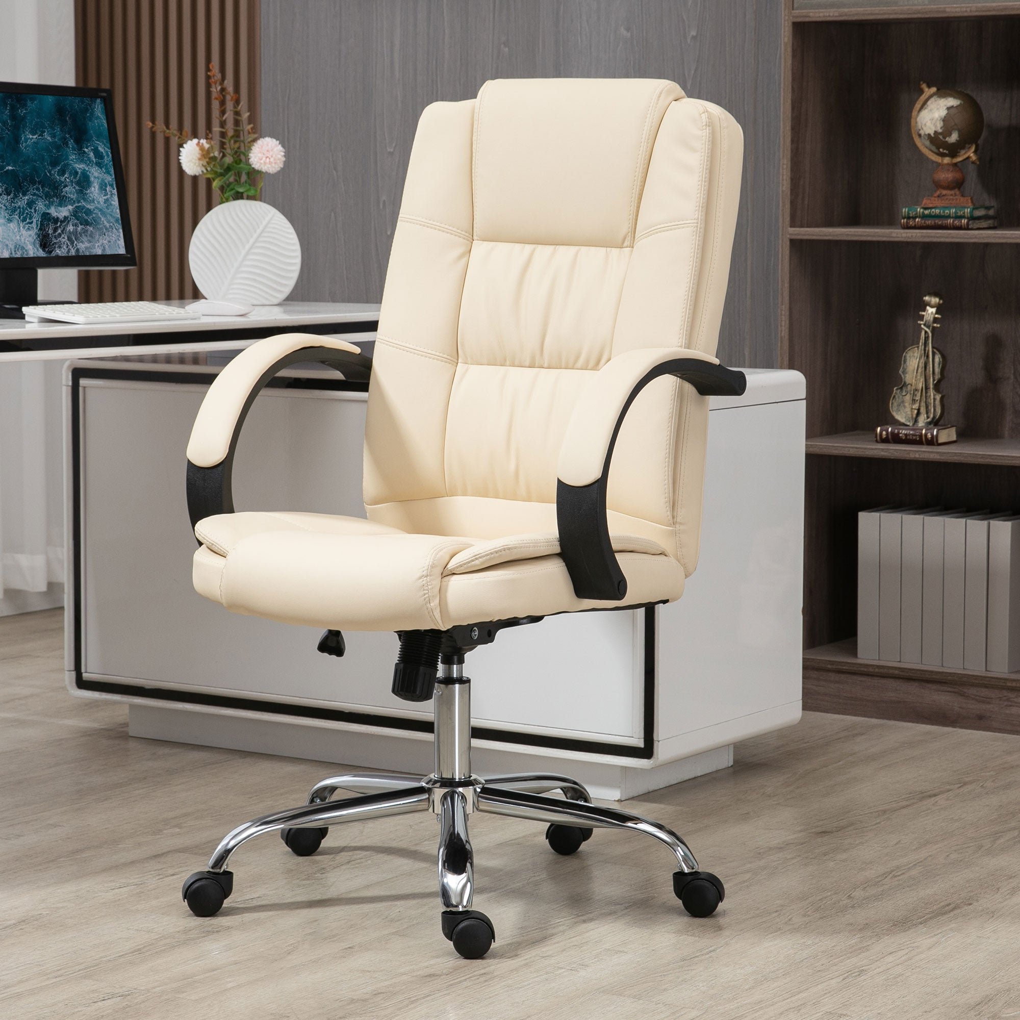 High Back Swivel Chair, PU Leather Executive Office Chair with Padded Armrests, Adjustable Height, Tilt Function, Beige