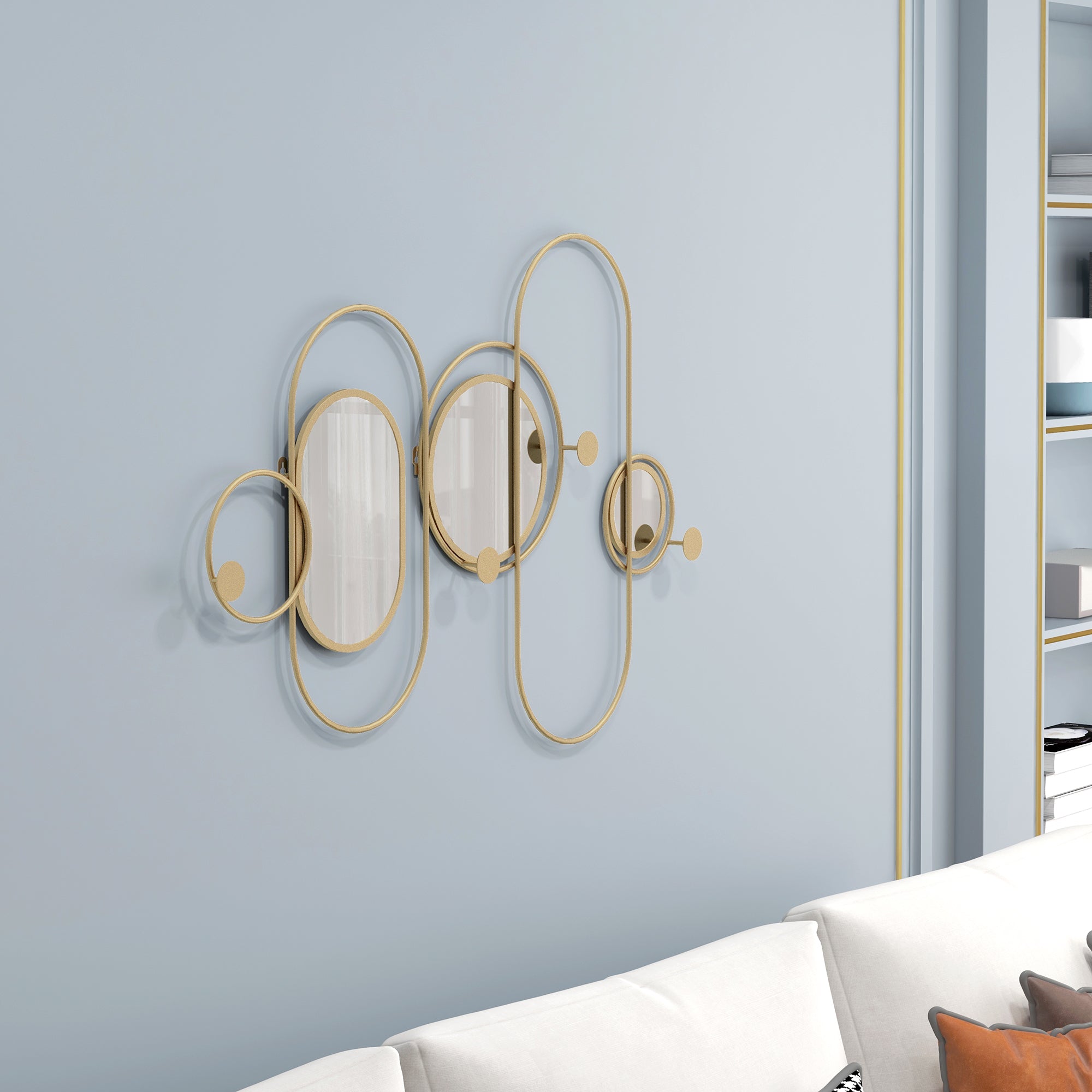 Metal Wall Mirror Decor with Coat Hooks, Modern Decorative Wall Art for Living Room Bedroom, Gold Tone