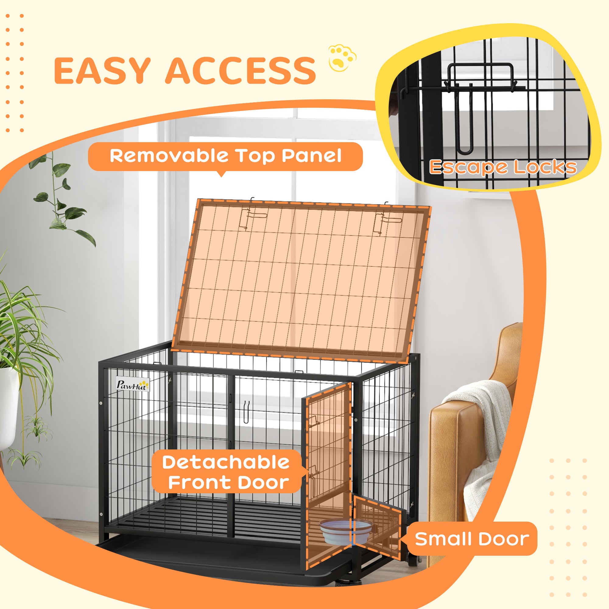 Heavy Duty Dog Crate on Wheels w/ Bowl Holder, Removable Tray, Detachable Top, Double Doors for L, XL Dogs