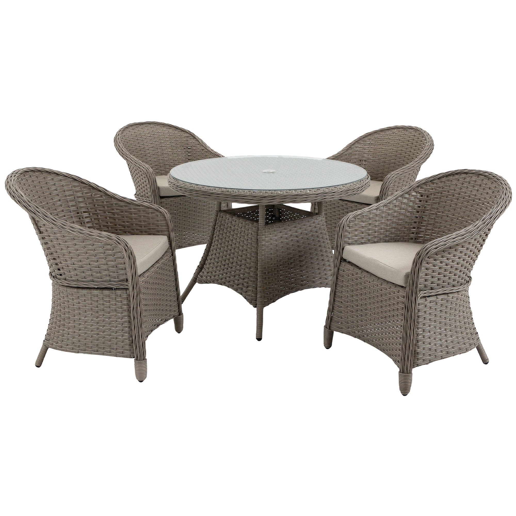 5 Pieces Outdoor Patio PE Rattan Dining Set, Four Seater Garden Furniture - 4 Chairs & Round Table w/ Umbrella Hole, Mixed Grey