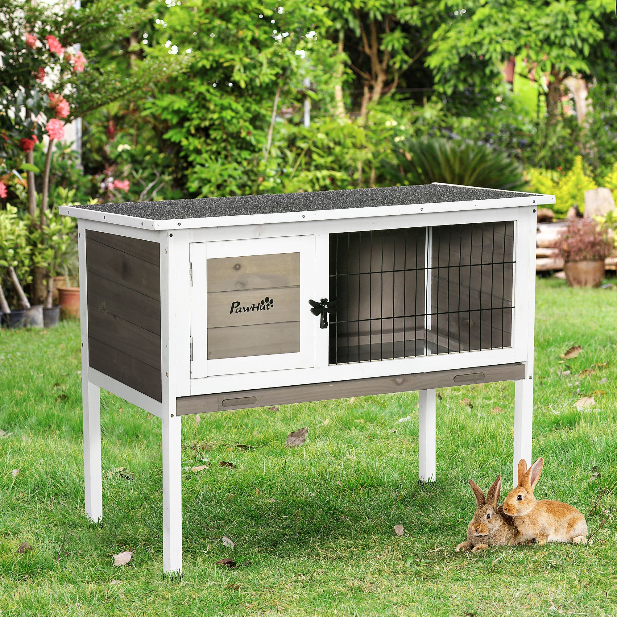 Elevated Wooden Rabbit Hutch, Indoor/Outdoor Bunny Cage with Hinged Asphalt Roof and Removable Tray for Guinea Pig, Brown