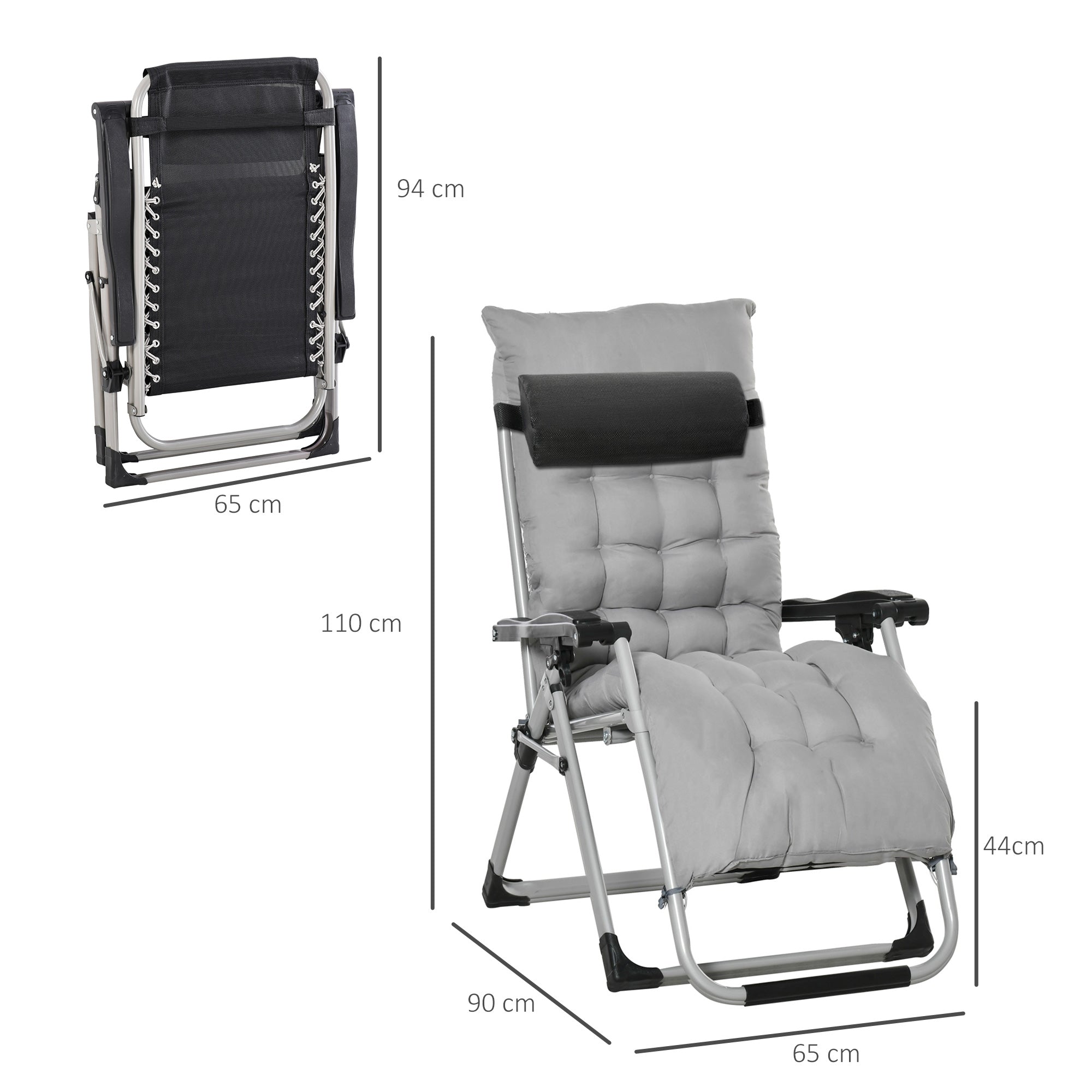 2 Piece Reclining Zero Gravity Chair Folding Garden Sun Lounger with Cushion Headrest Light Grey