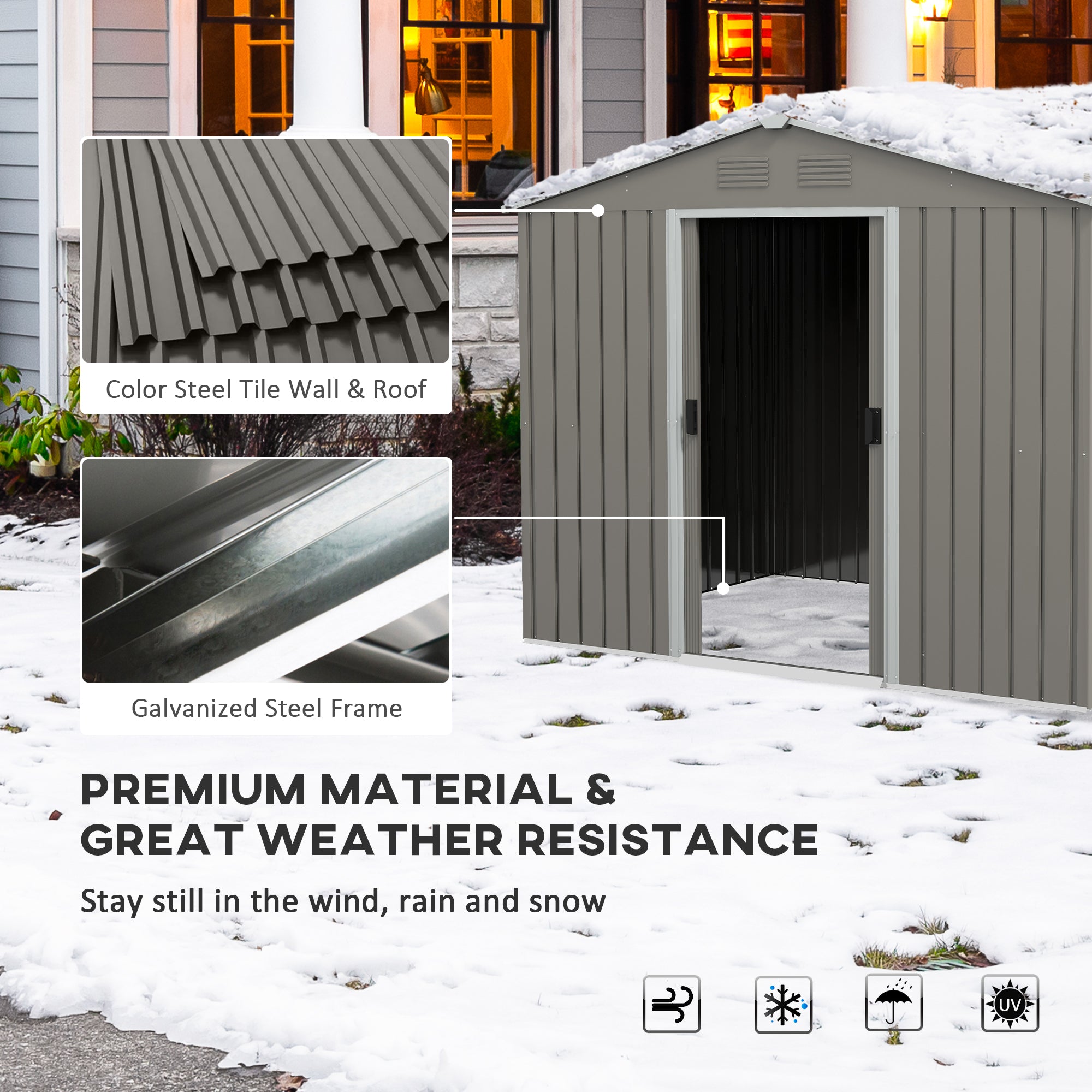 8 x 6ft Outdoor Garden Storage Shed, Metal Tool House with Ventilation and Sliding Doors, Light Grey