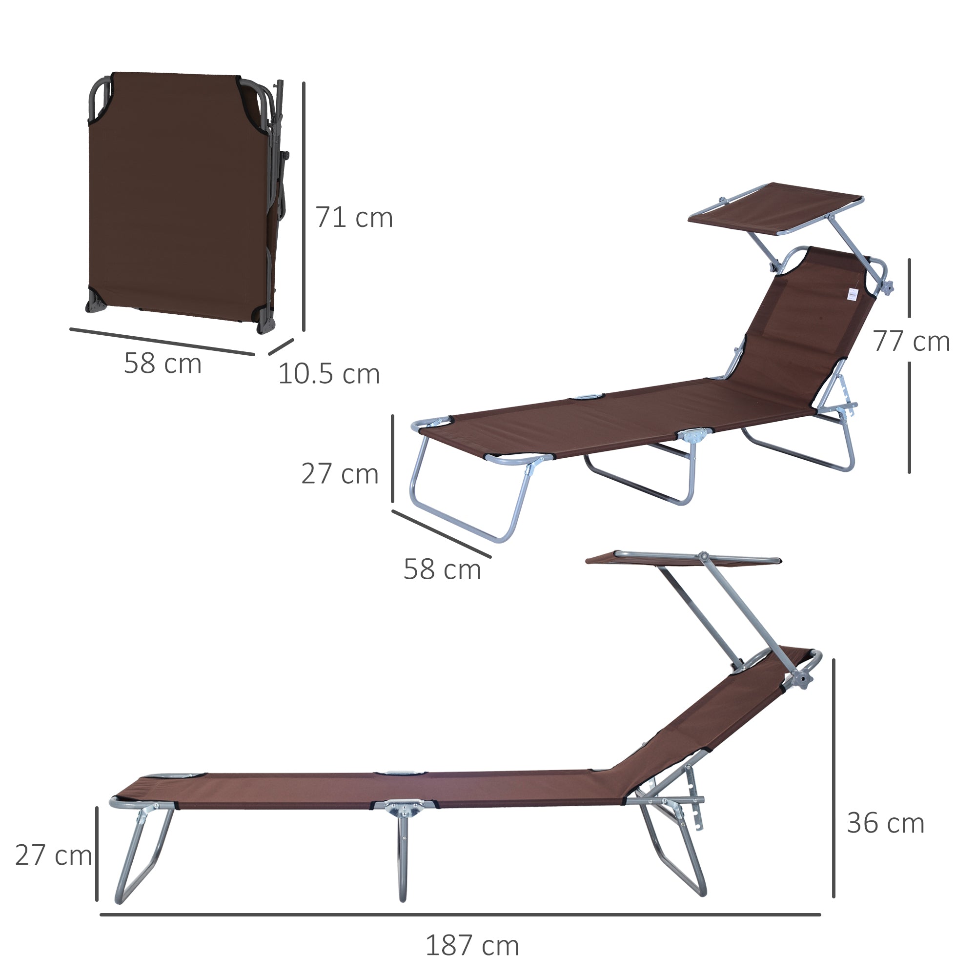 2 Pcs Outdoor Foldable Sun Lounger Set w/ Removeable Shade Canopy, Patio Recliner Sun Lounger w/ Adjustable Backrest w/ Mesh Fabric, Brown