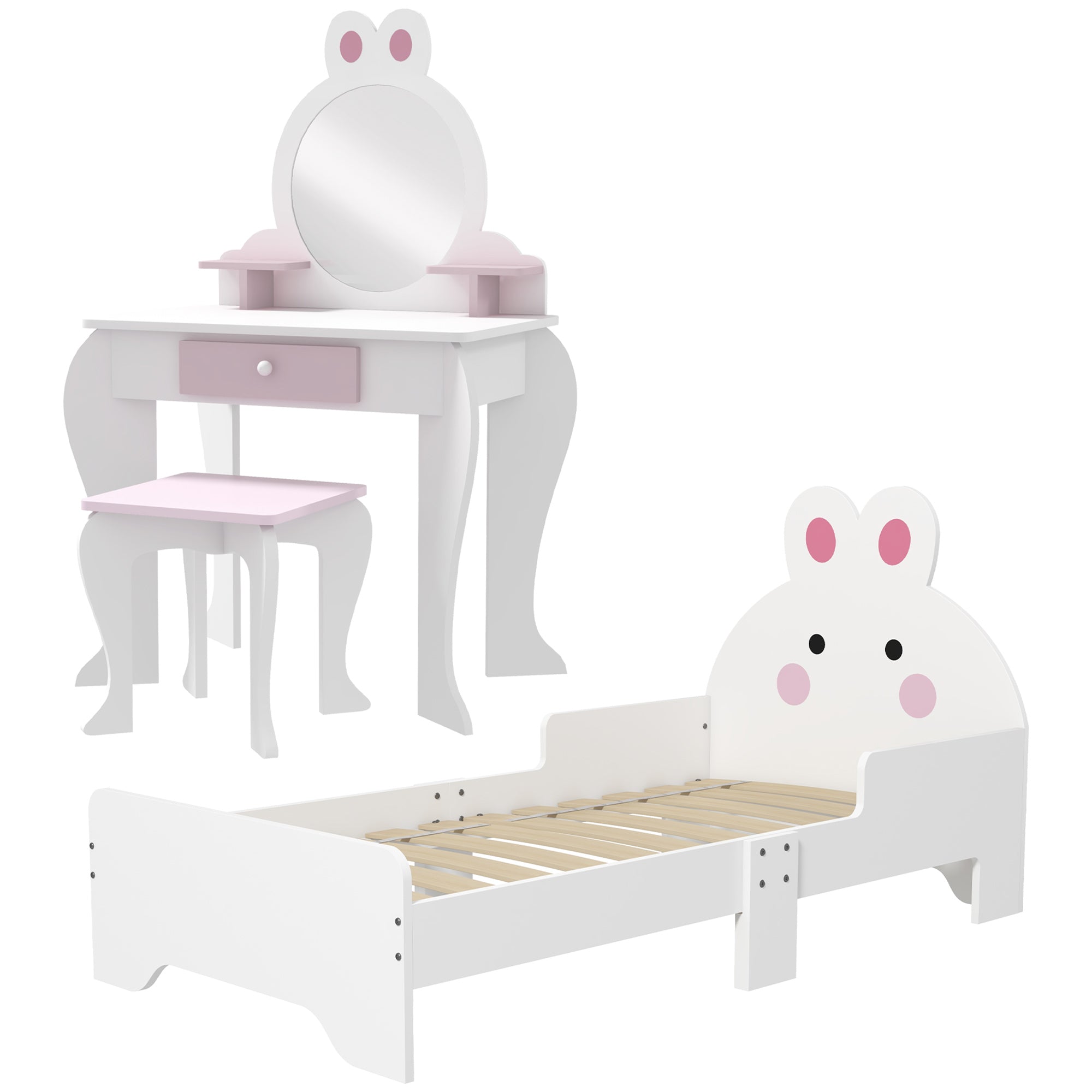 Wooden Kids Bedroom Furniture Set with Kids Dressing Table, Stool, Bed, for 3-6 Years, Bunny-Design