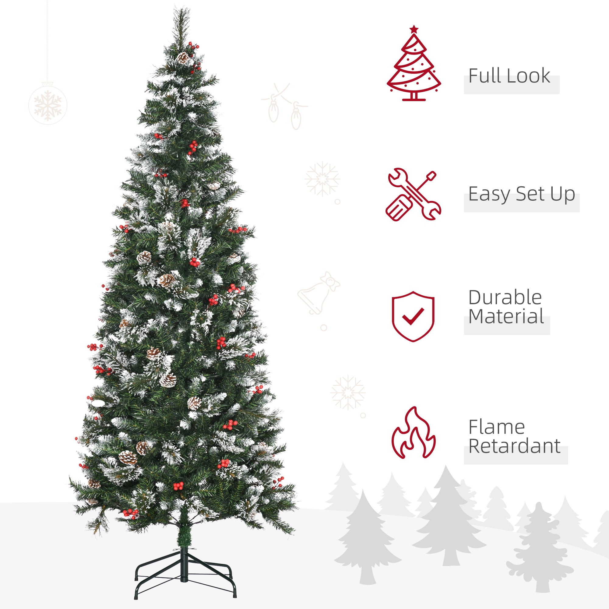 7 Foot Snow Dipped Artificial Christmas Tree Slim Pencil Xmas Tree with 738 Realistic Branches, Pine Cones, Red Berries, Auto Open, Green