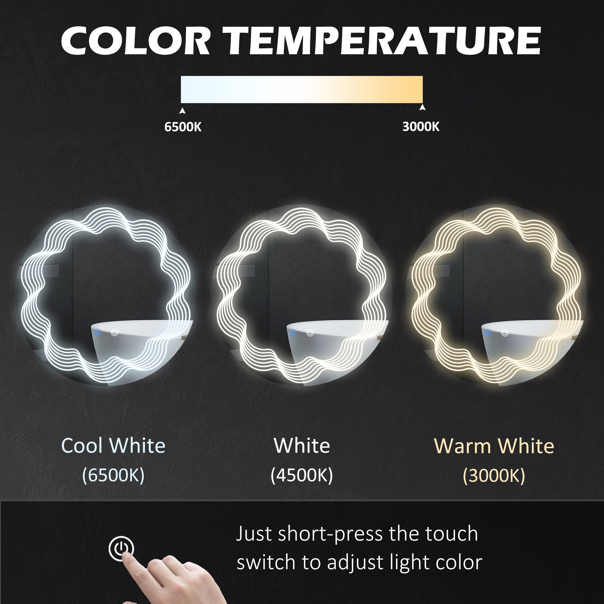 Round Illuminated Bathroom Mirrors w/ LED Dimming Lighted , Wall Mounted Vanity Mirror w/ 3 Colour, Smart Touch, Anti-Fog, 60cm