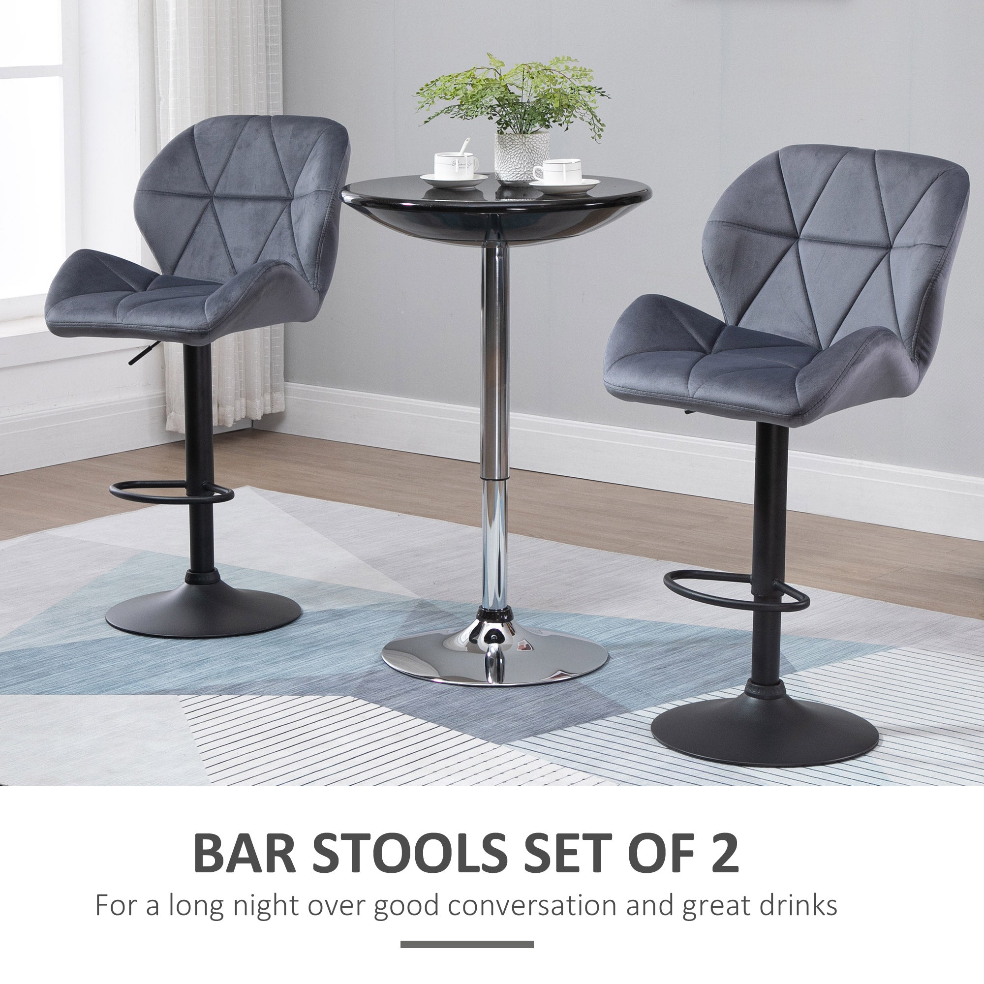 Set of 2 Adjustable Bar stools With Backs , Armless Upholstered Swivel Counter Chairs, Barstools with Back, Footrest, Dark Grey