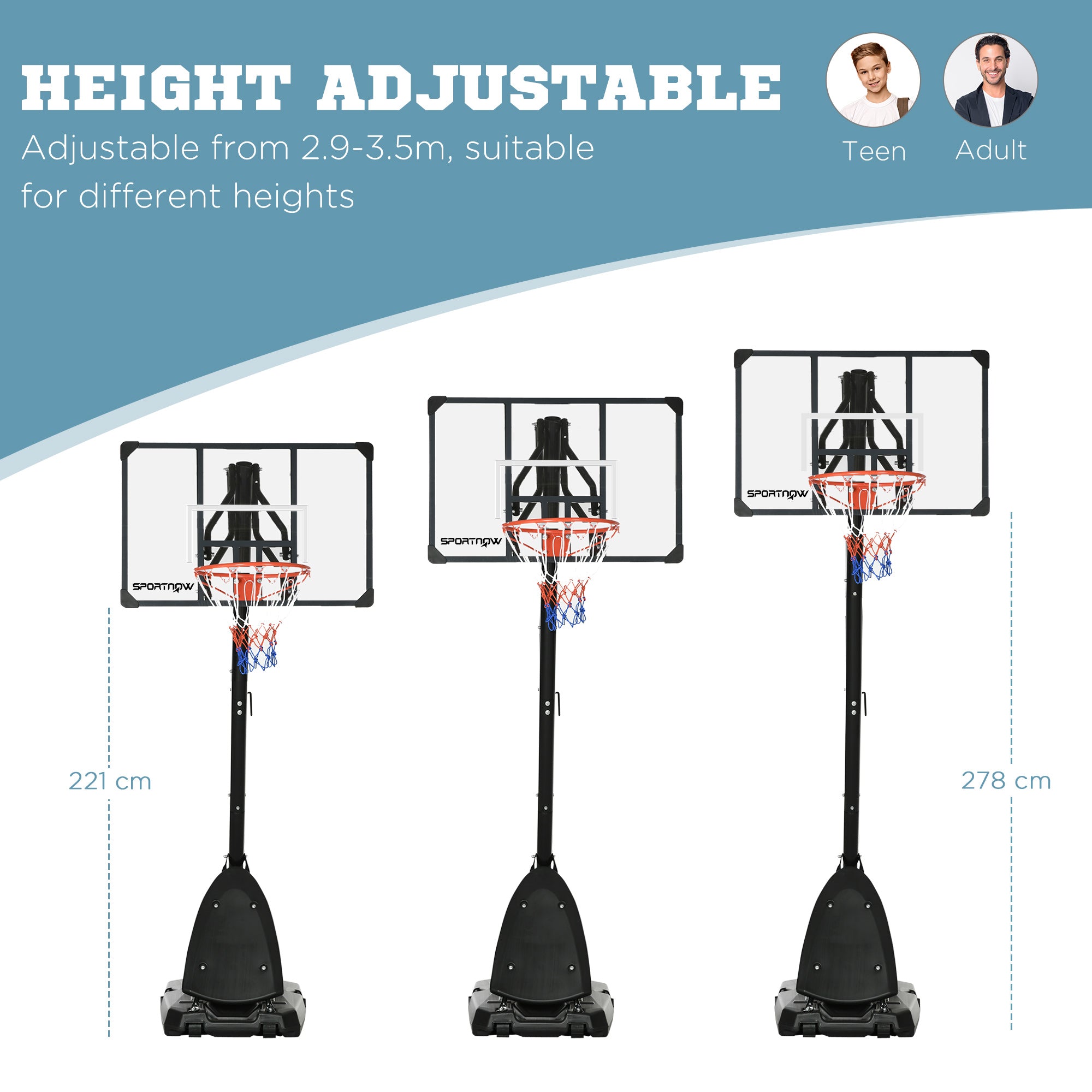 Height Adjustable Basketball Hoop and Stand with Sturdy Backboard and Weighted Base, Portable on Wheels, 2.4-2.9m