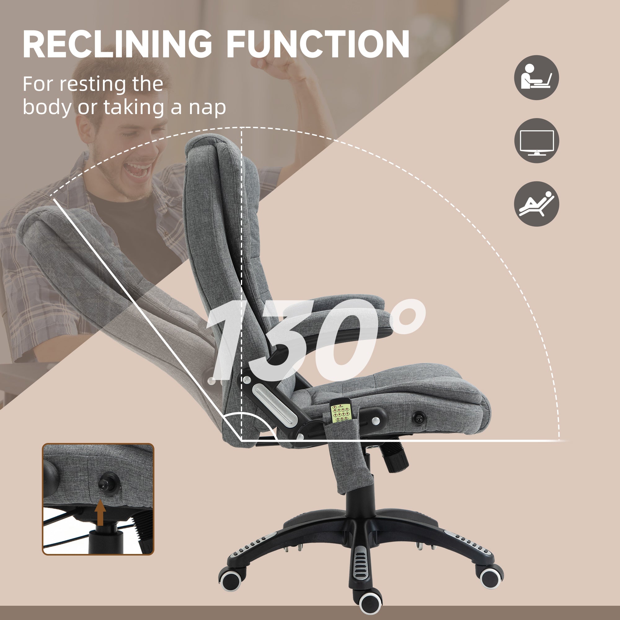 Massage Recliner Chair Heated Office Chair with Six Massage Points Linen-Feel Fabric 360° Swivel Wheels Grey