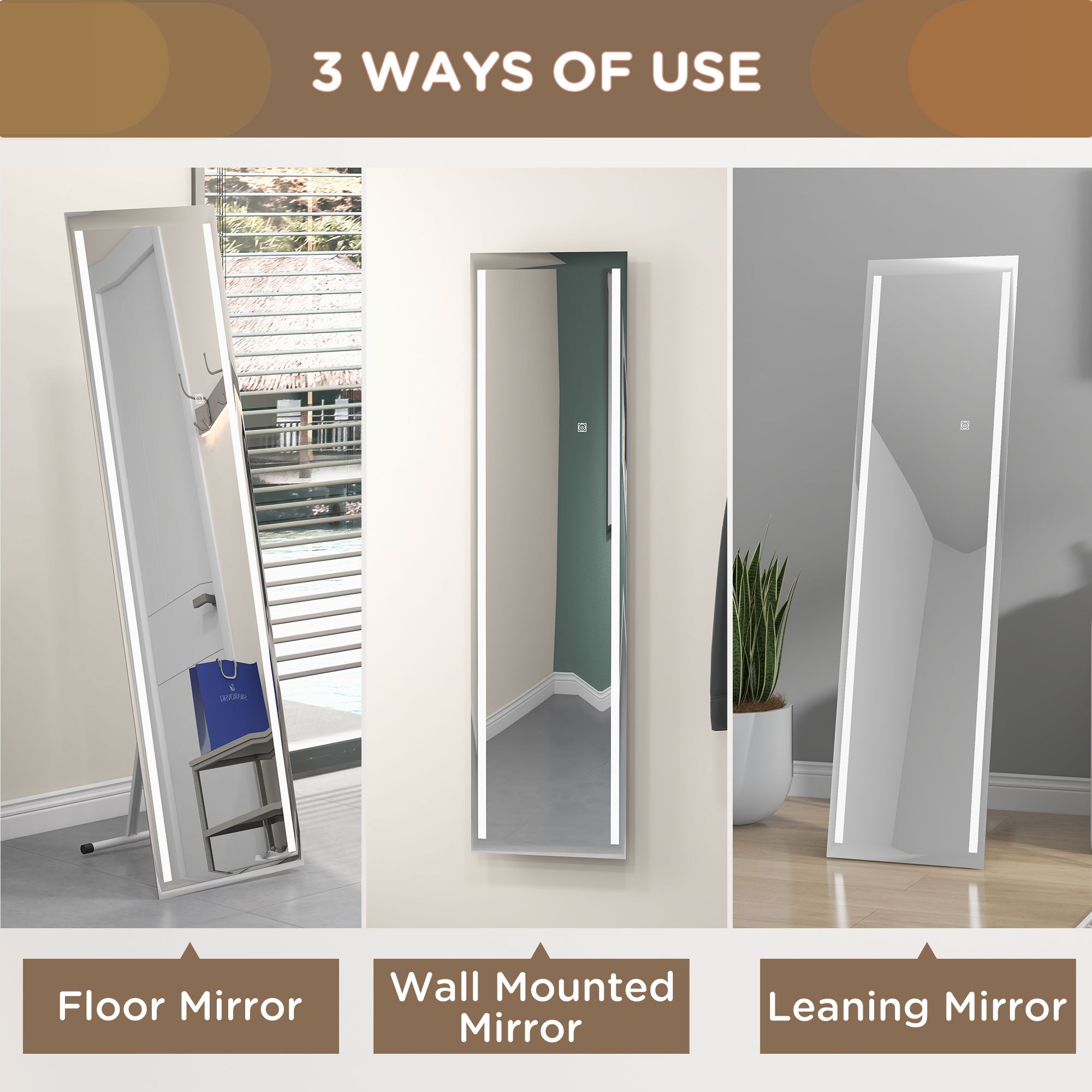 Standing Dressing Mirror with LED Lights, Wall Dressing Mirror for Bedroom with Dimmable and 3 Colour Lighting, White