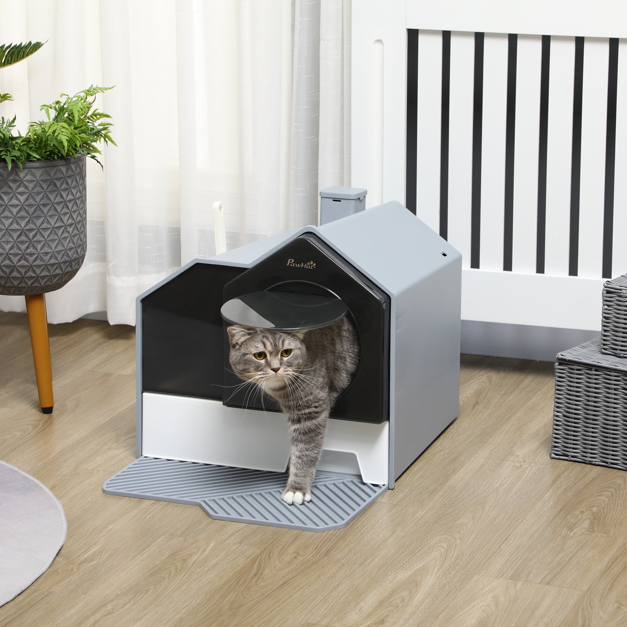 Hooded Cat Litter Tray with Scoop, Cat Litter Box with Drawer Pan, Handle, Deodorants, Hut Design, Front Entrance, 47 x 45 x 42 cm, Grey