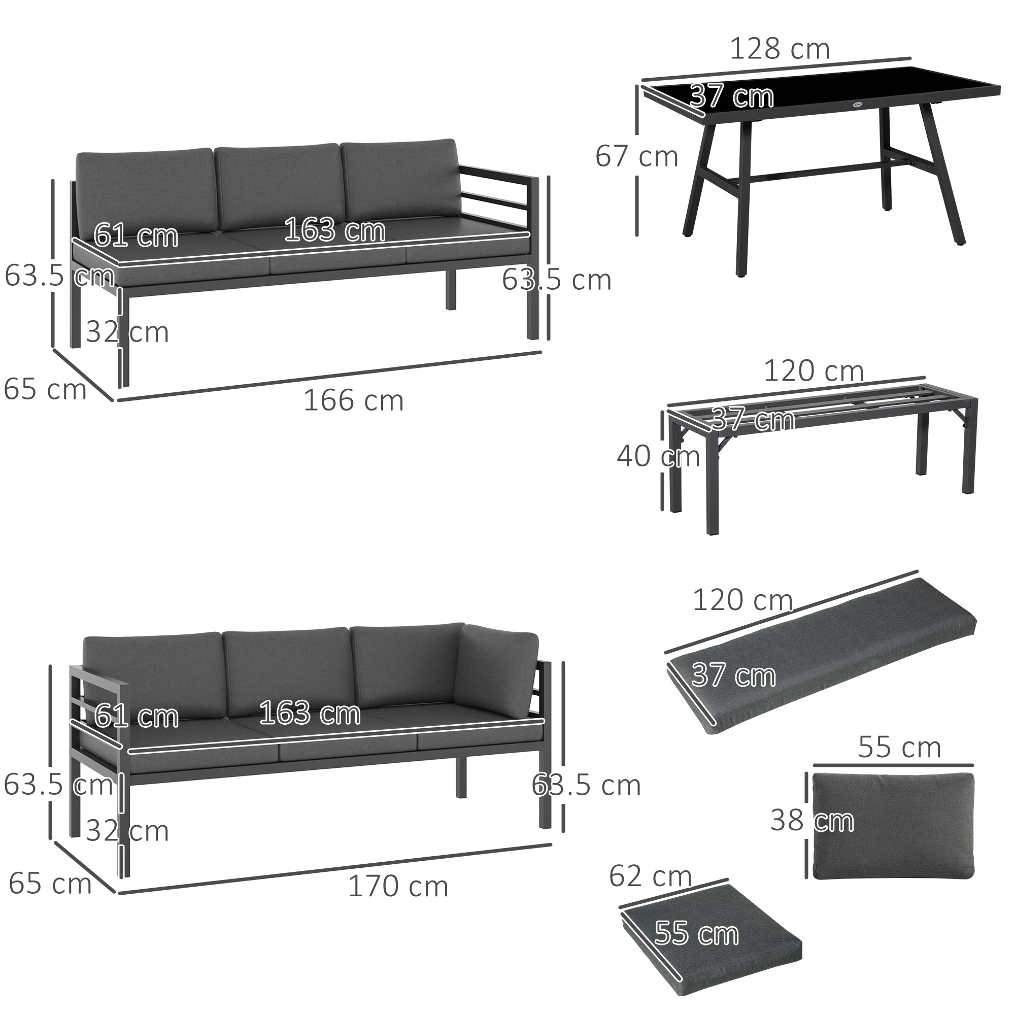 4 Piece L-shaped Garden Furniture Set 8-Seater Aluminium Outdoor Dining Set Conversation Sofa Set w/ Bench, Dining Table & Cushions, Grey