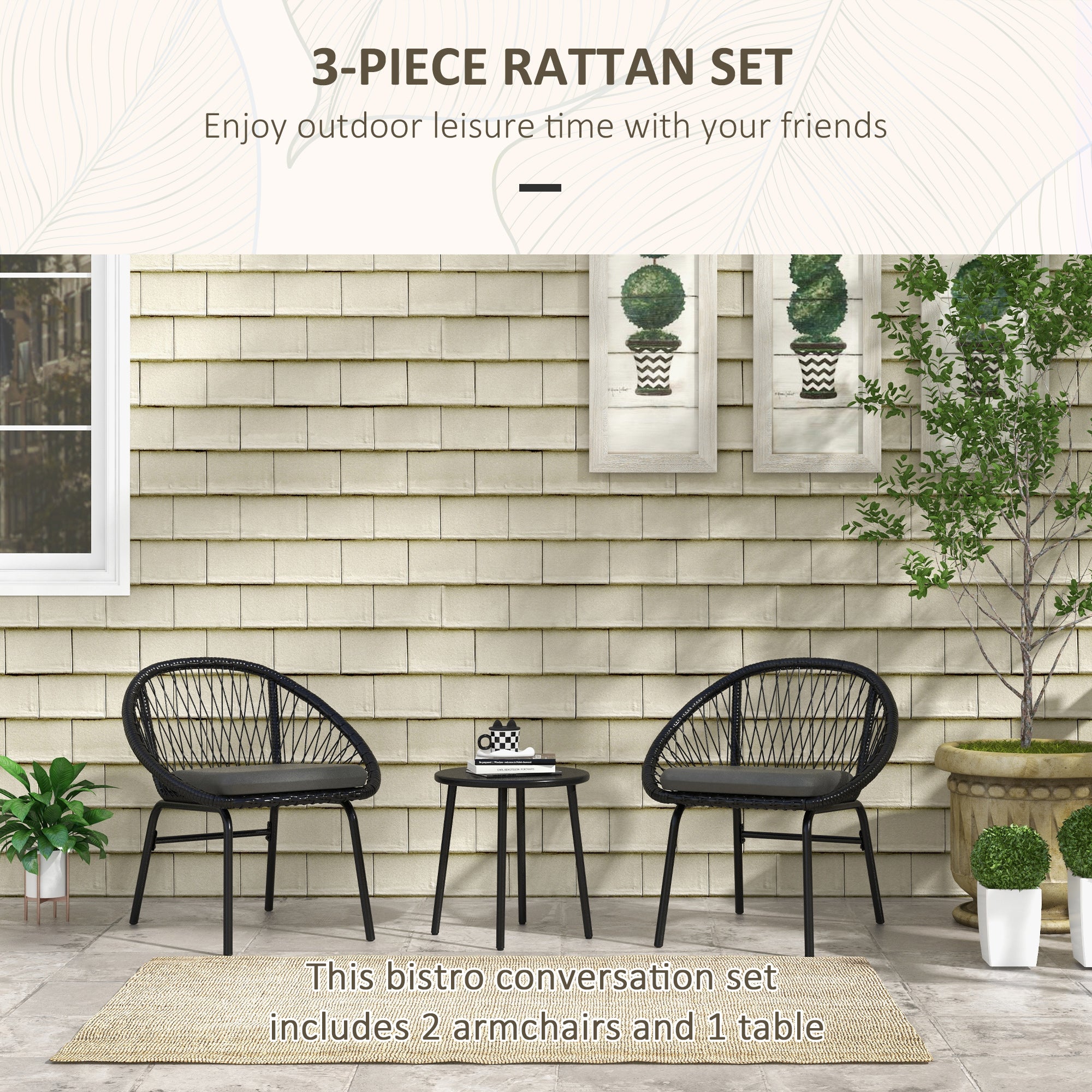 3 Piece Garden Furniture Set with Cushions, Round PE Rattan Bistro Set w/ 2 Armchairs & Metal Plate Coffee Table