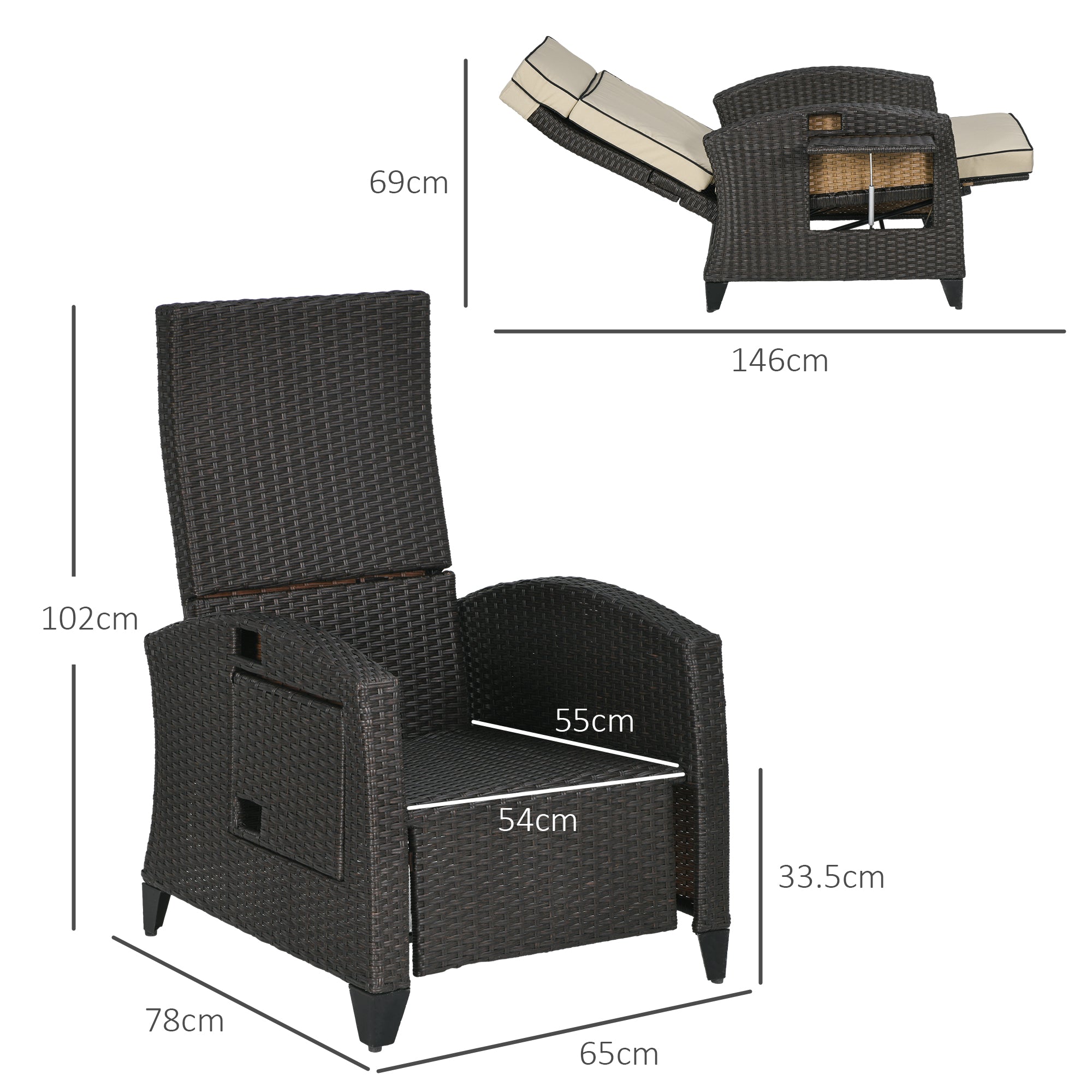 Outdoor Recliner Chair with Adjustable Backrest and Footrest, Cushion, Side Tray, Brown