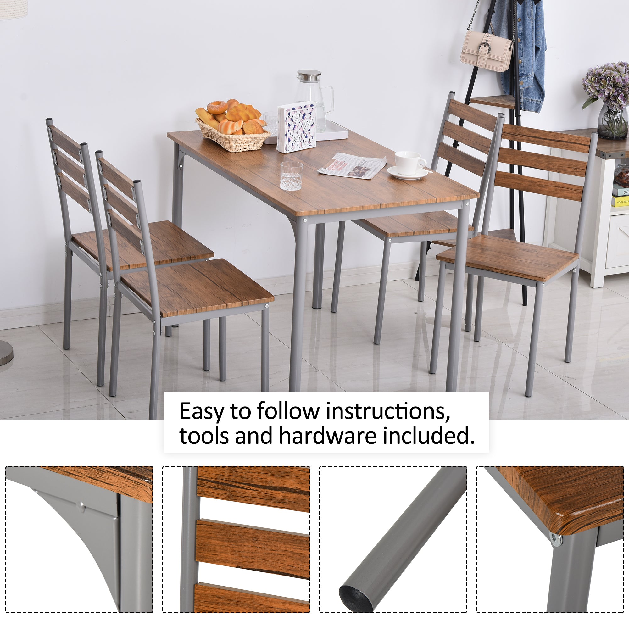 Modern 5-Piece Dining Table Set, Dining Table With 4 Chairs For Compact Dining Room& Kitchen, Brown