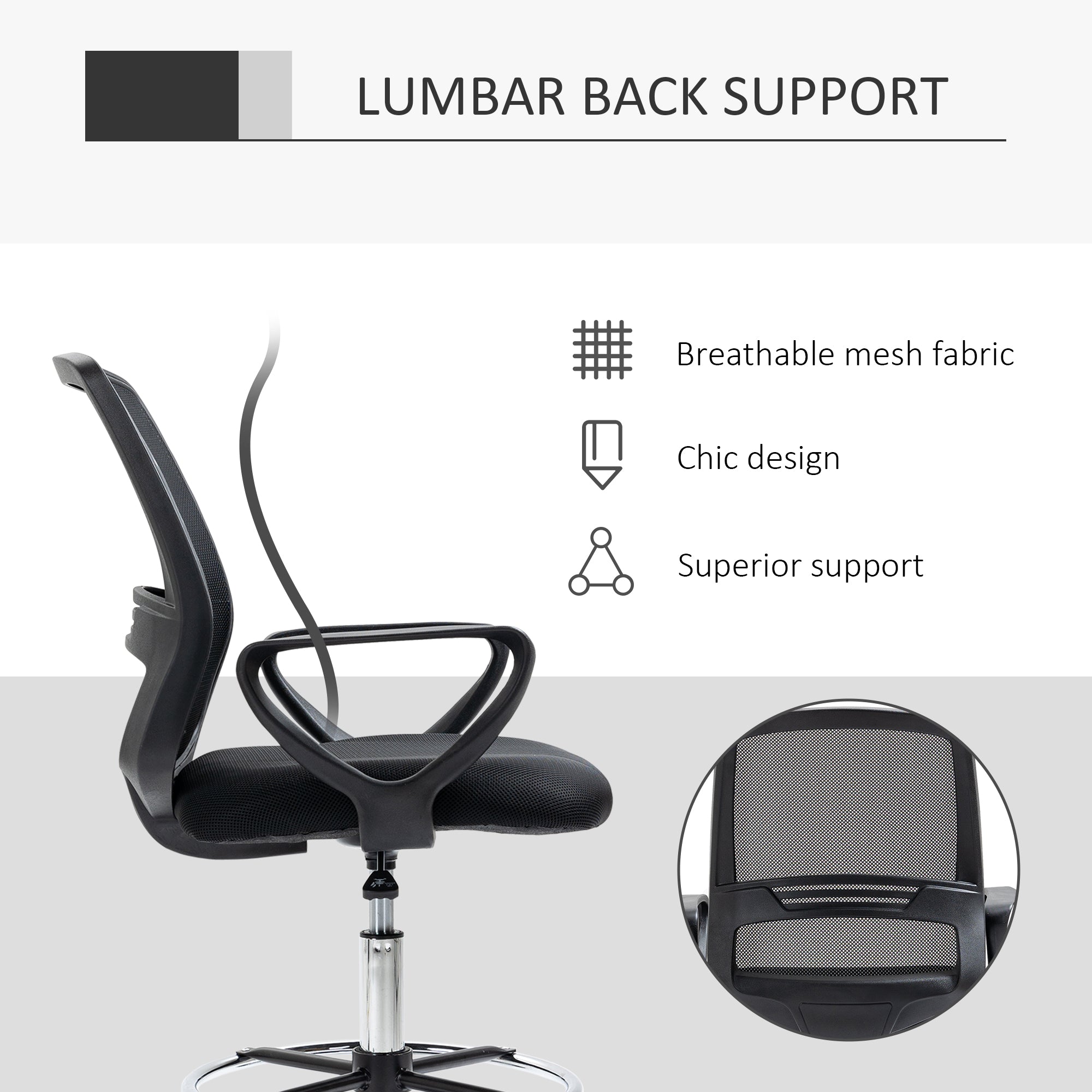 Ergonomic Mesh Back Drafting Chair Tall Office Chair with Adjustable Height and Footrest 360° Swivel