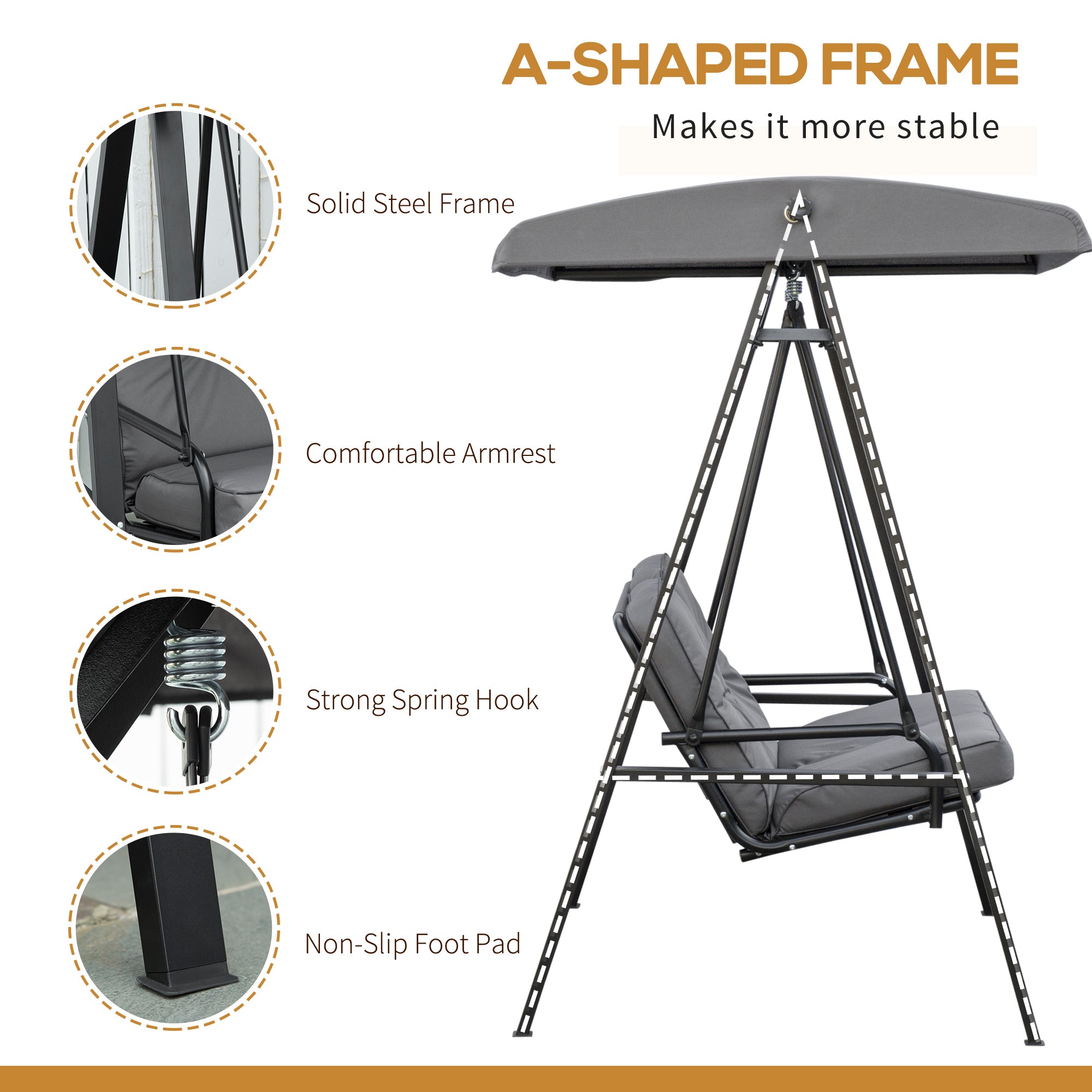 2 Seater Garden Swing Chair Outdoor Hammock Bench with Steel Frame Adjustable Tilting Canopy for Patio, Grey